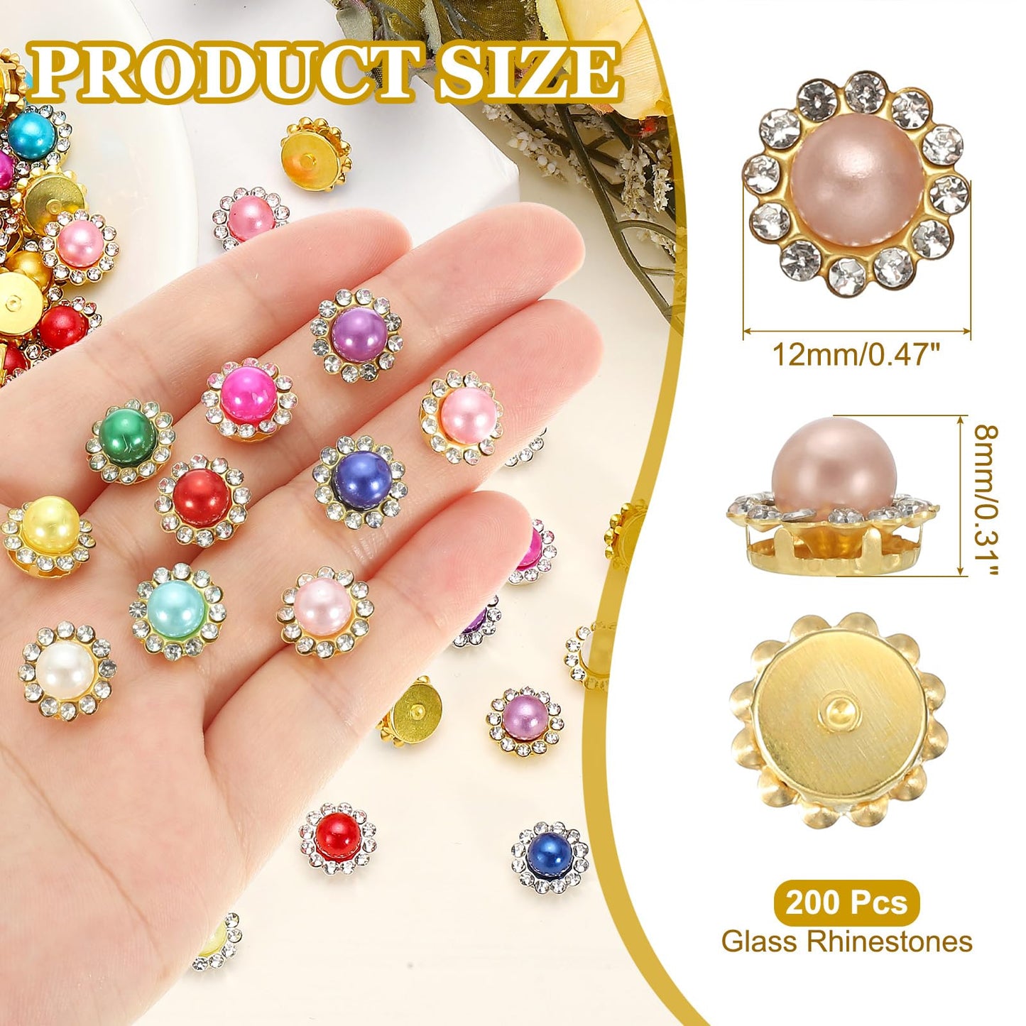 PATIKIL 12mm Sunflower Pearl Sew on Rhinestones, 200 Pcs Rhinestone Sequin Embellishments Crystal Glass Metal Base Flower Claw Rhinestones for Bedazzling Crafting Clothes, Champagne