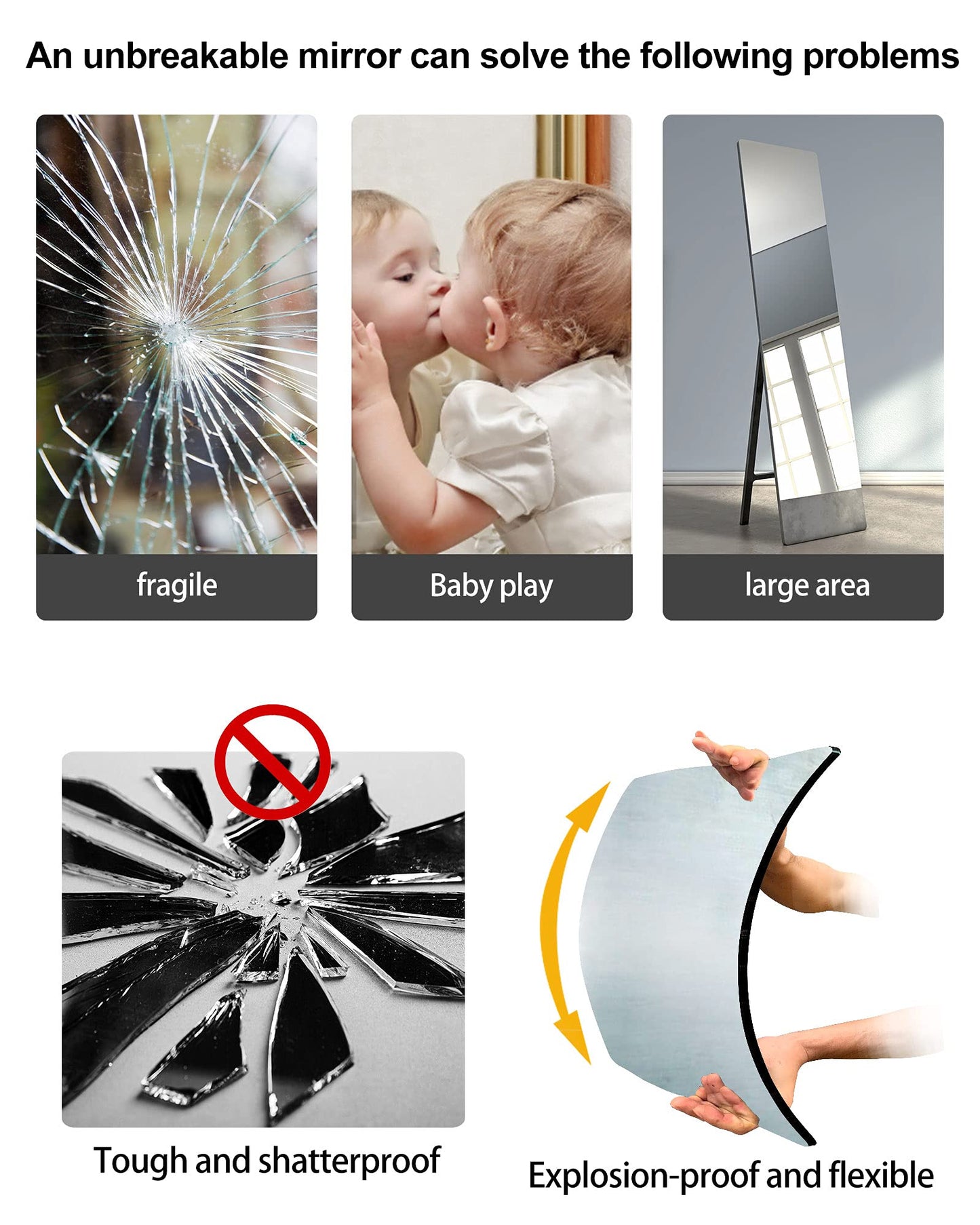 Unbreakable Acrylic Full Length Mirror for Wall Mounted, Full Body Mirror for Kids, Plastic Safe Shatterproof, Extra Thick 1/8", 12" x 12" x 4 PCS, Workout Mirrors for Home Gym, Bedroom Over The Door