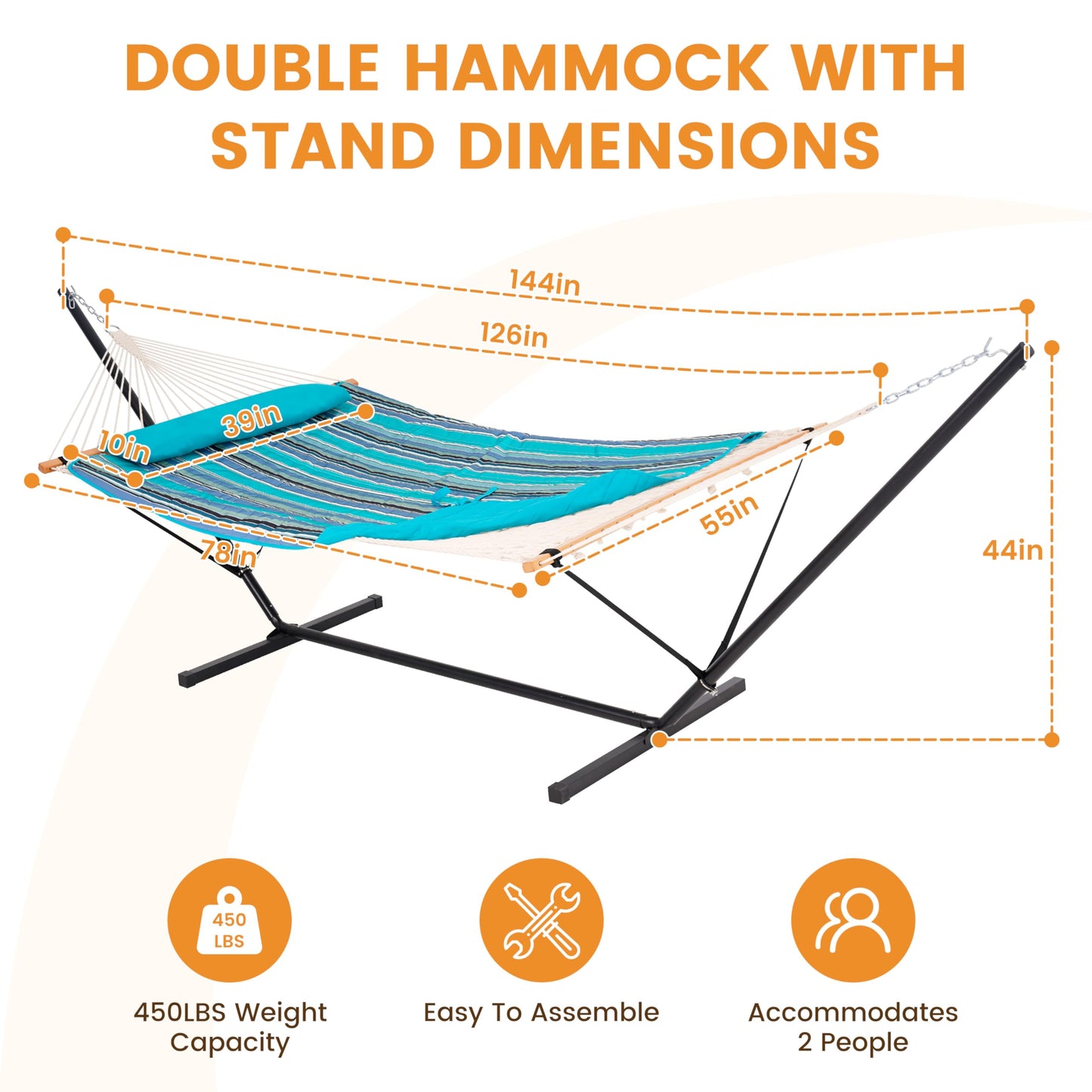 Lazy Daze Hammocks 2 Person Portable Hammock with 12FT Stand, Double Hand Woven Cotton Rope Hammock with Detachable Quilted Pad & Pillow for Outside, 450lb Capacity, Blue Stripes