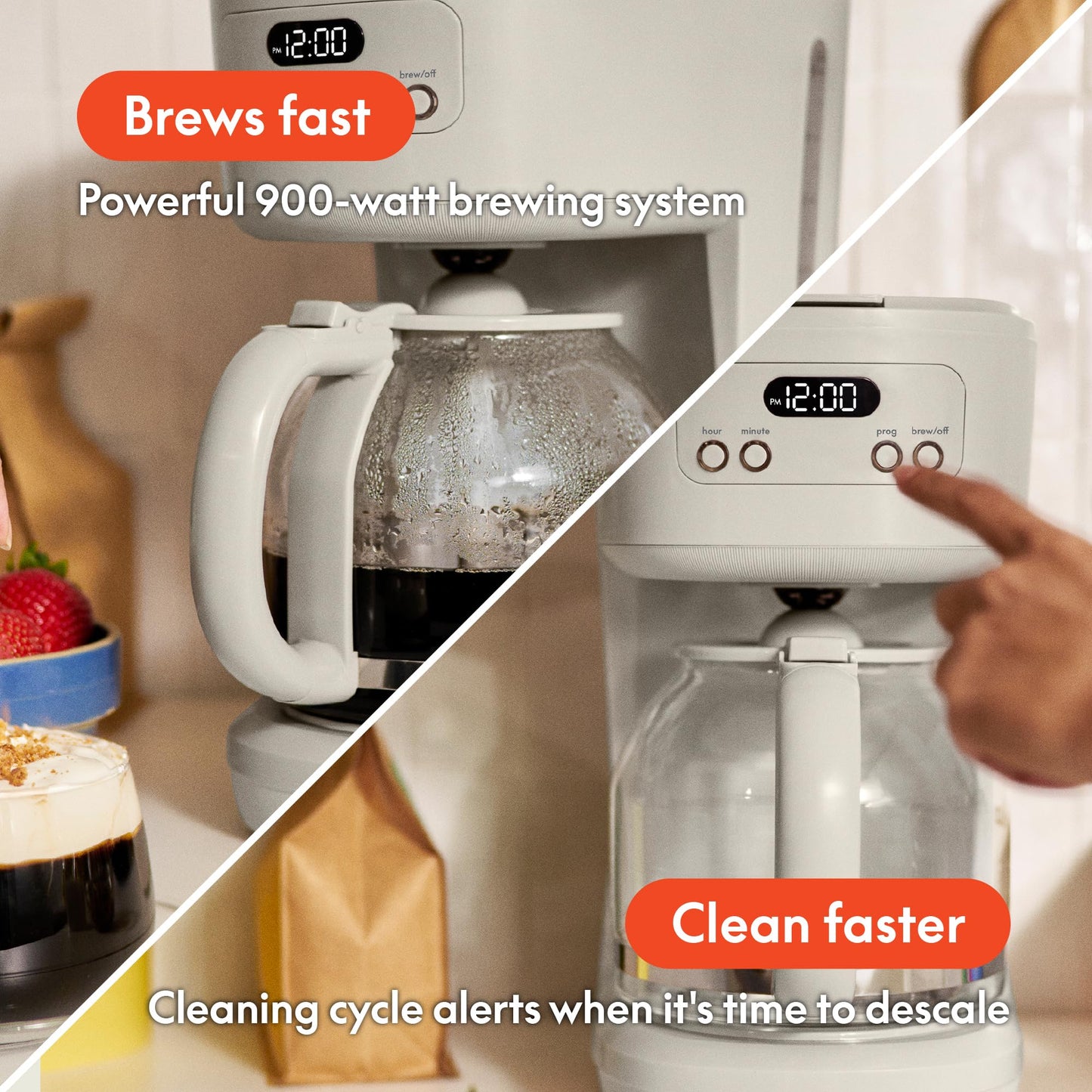BELLA 12 Cup Programmable Coffee Marker, Reusable Dishwasher Safe Accessories, Easy LCD diaply, Auto Shutoff, 900 watt, Oatmilk