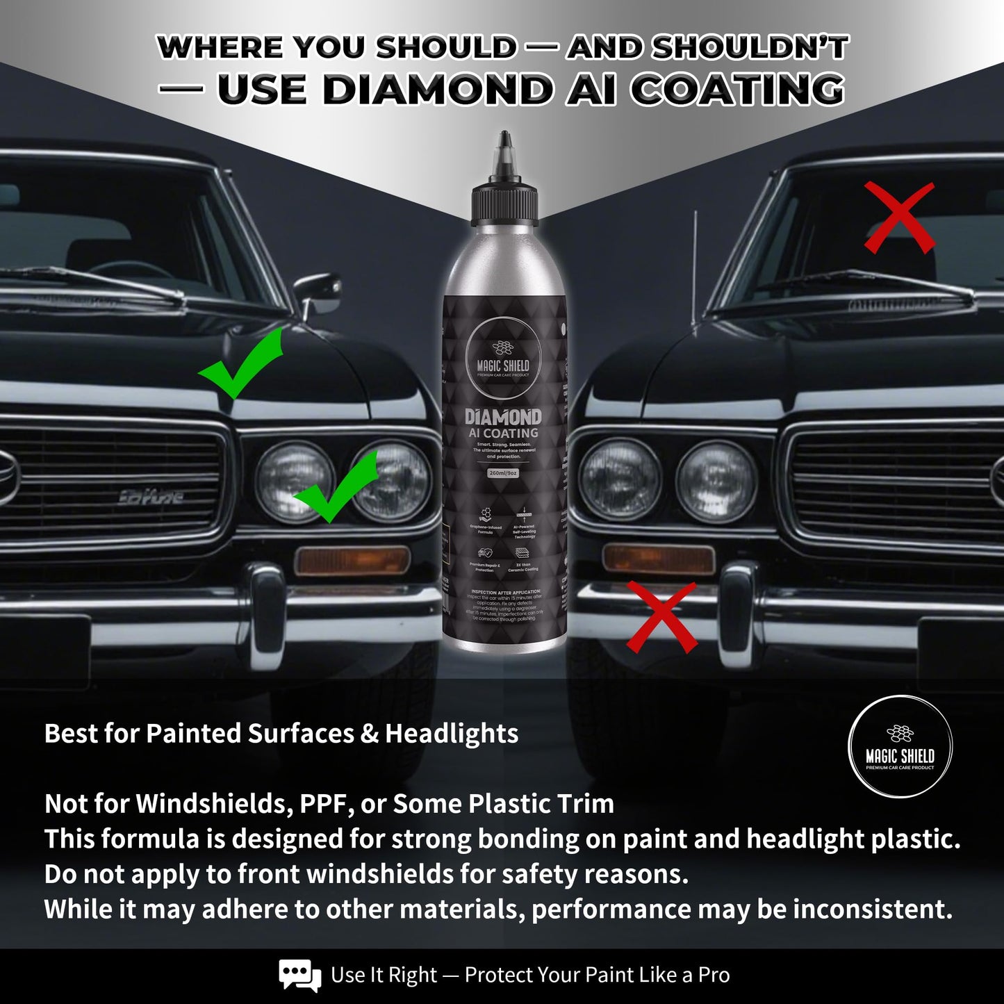 Magic Shield Diamond AI Coating – Graphene Liquid Self-Leveling Techology | Repairs & Protects | Last for 10 Years | High-Gloss Shine | Hydrophobic & Scratch-Resistant | for Car Paint, Headlights ONLY