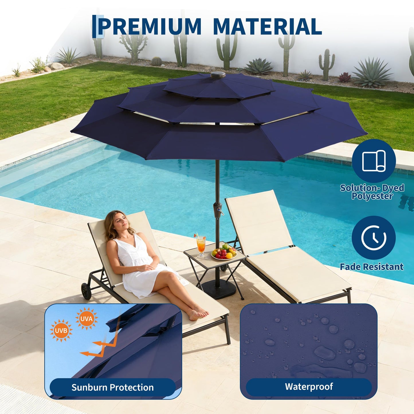 Garvee 10ft Patio Umbrella with Solar Lights, 3-Tier Patio Table Umbrella Outdoor with LED Lights, Ventilation, Easy Crank & Tilt, 8 Sturdy Ribs, UV Protection, Large Patio Umbrella for Deck, Pool