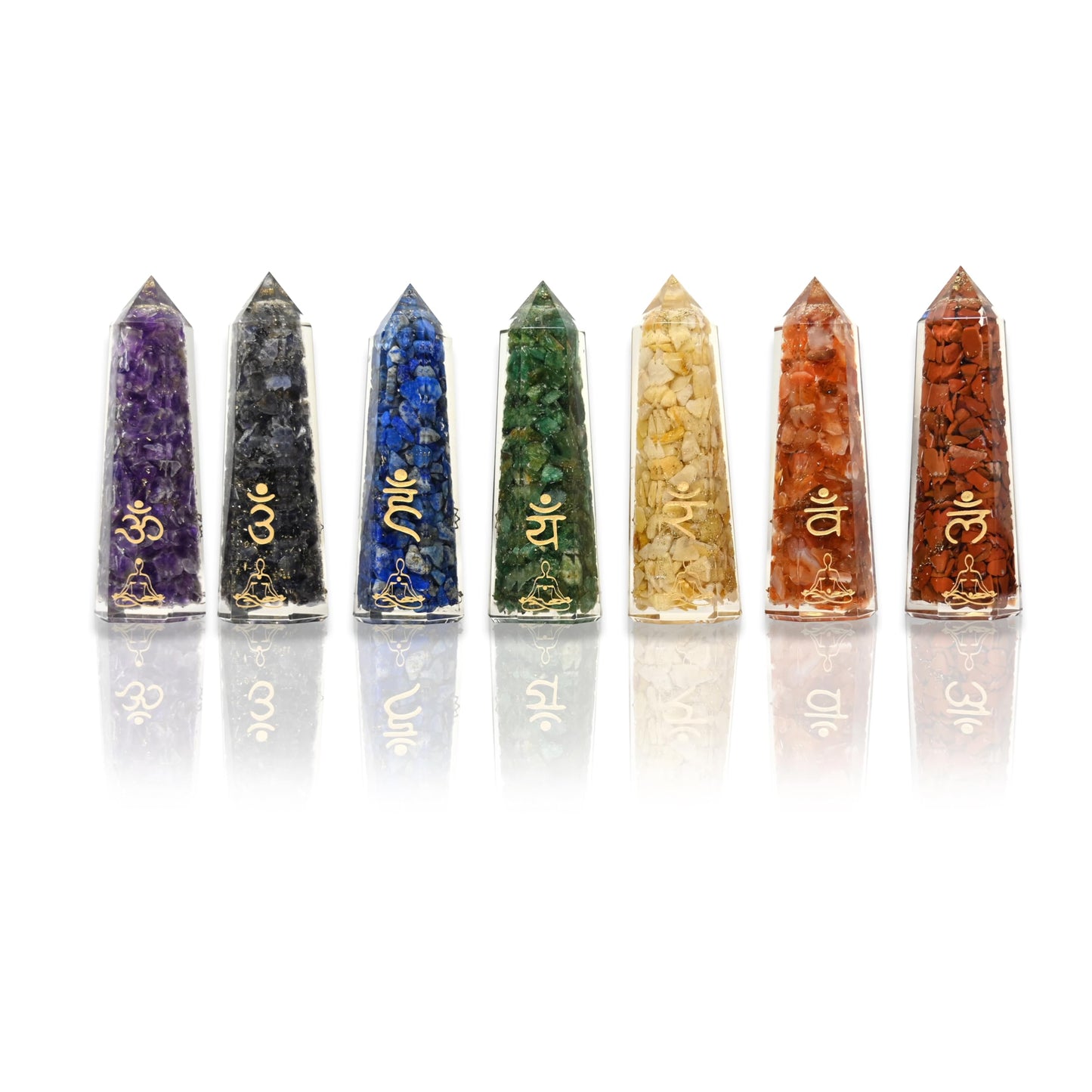 Orgonite 7 Chakra Healing Crystal Wand Set – Includes Amethyst, Lapis Lazuli, Sodalite,Peach Aventurine, Golden Quartz, Green Aventruine, Red Jasper (Chakra Sanskrit)