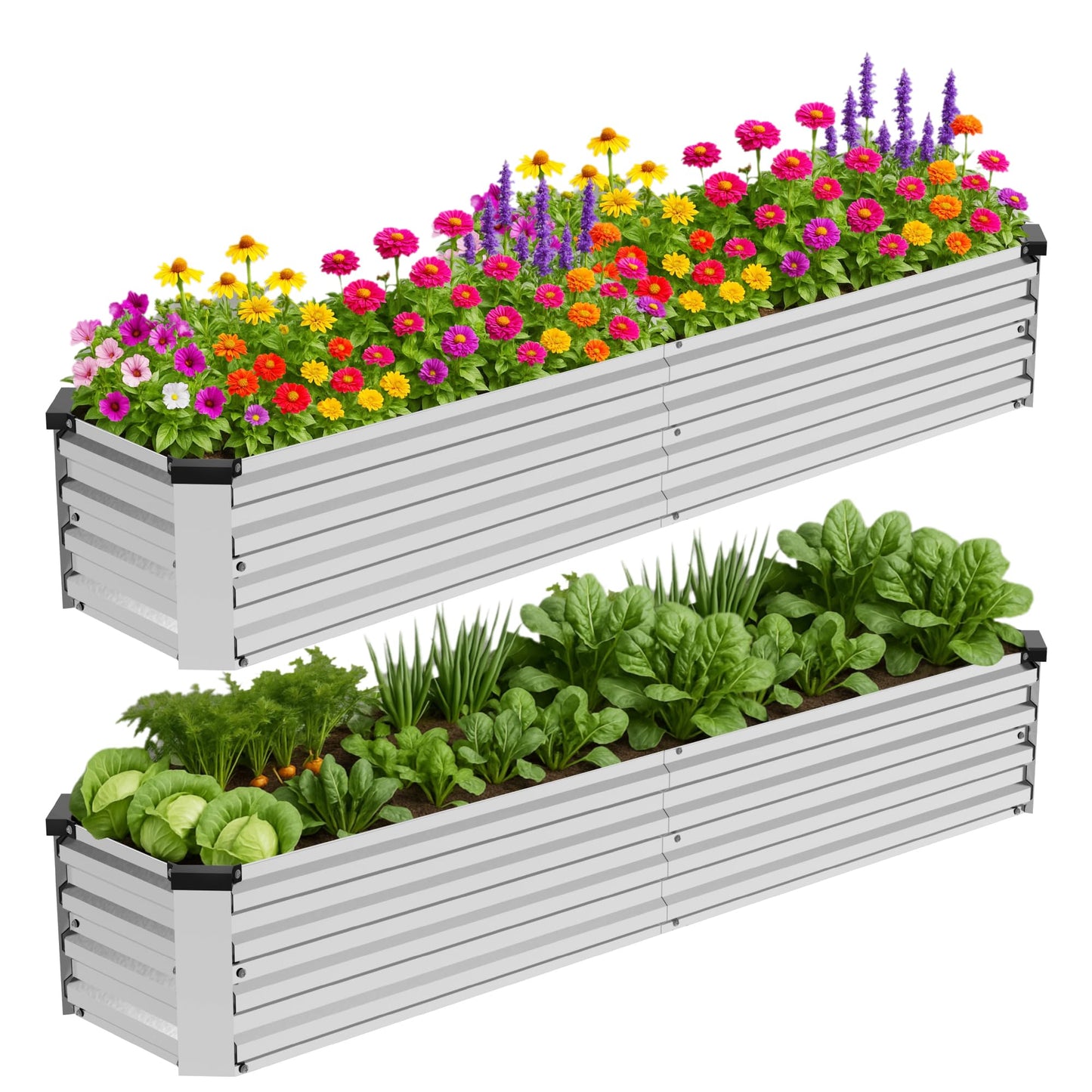 Bujijun 2 Pack 6x1.5x1FT Galvanized Metal Raised Garden Bed Kit for Vegetables, Herbs, Open-Bottom Large Capacity Outdoor Planter Box Gardening Stakes, Silver