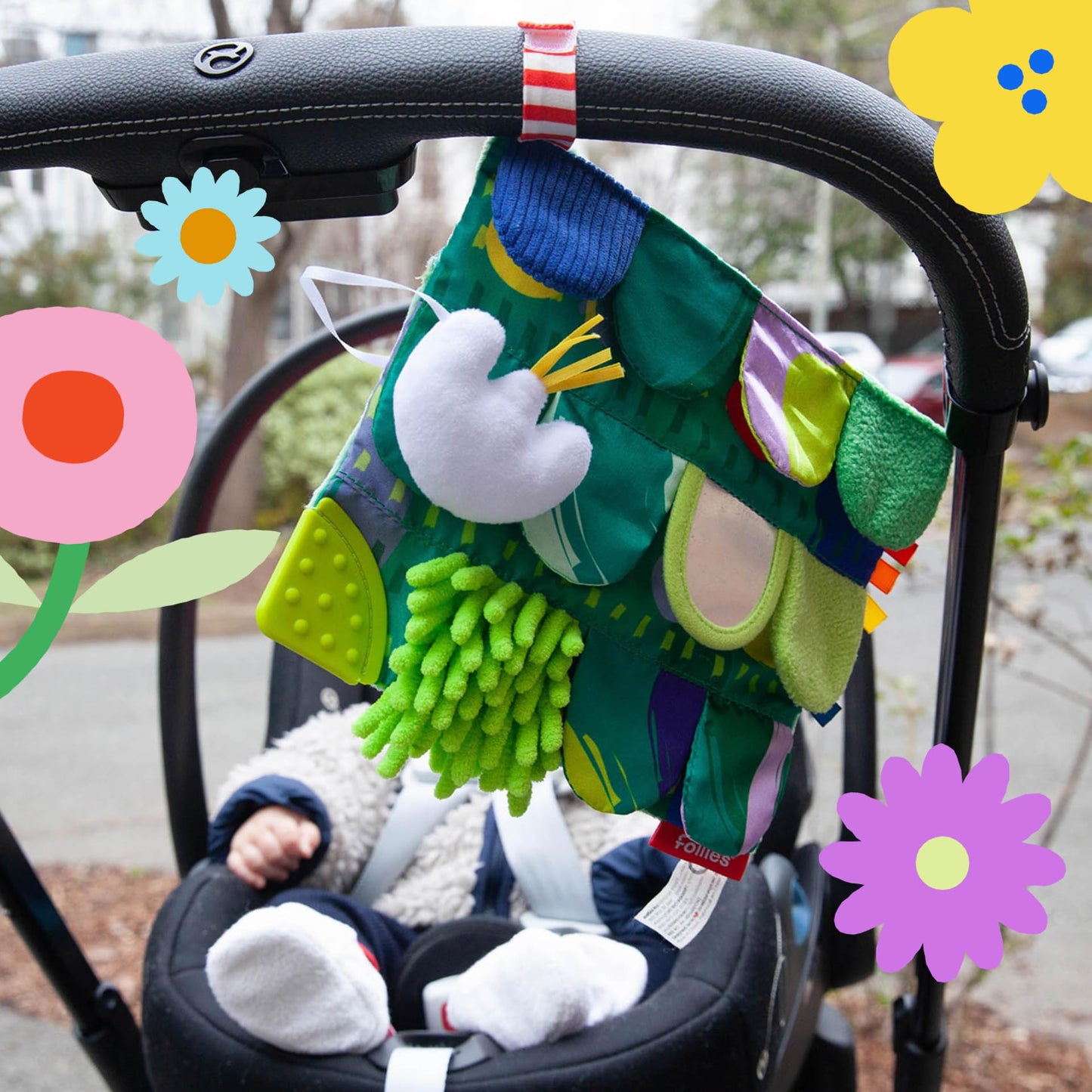 Follies The Sensory Garden Baby Stroller and Tummy Time Toy - Portable Baby Toy - Crinkles, Mirror & Textures, Montessori-Inspired Infant Toy, Washable & Non-Toxic