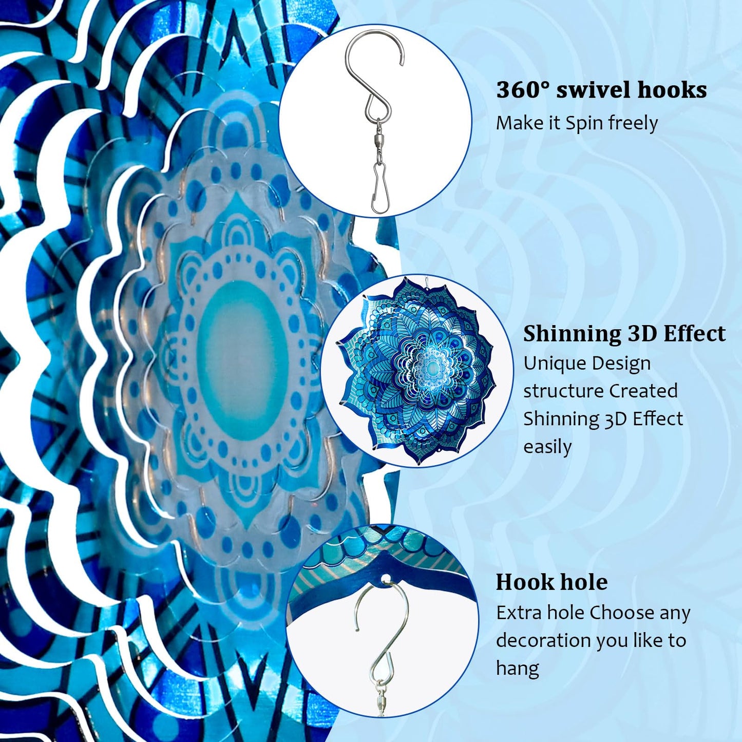 Goolyrusim Wind Spinner Mandala Rich Blue 12inch 3D Stainless Steel Wind Spinners Laser Cut Metal Hanging Wind Sculptures Kinetic Yard Art Decoration Garden Ornament Indoor/Outdoor Décor Worth Gift