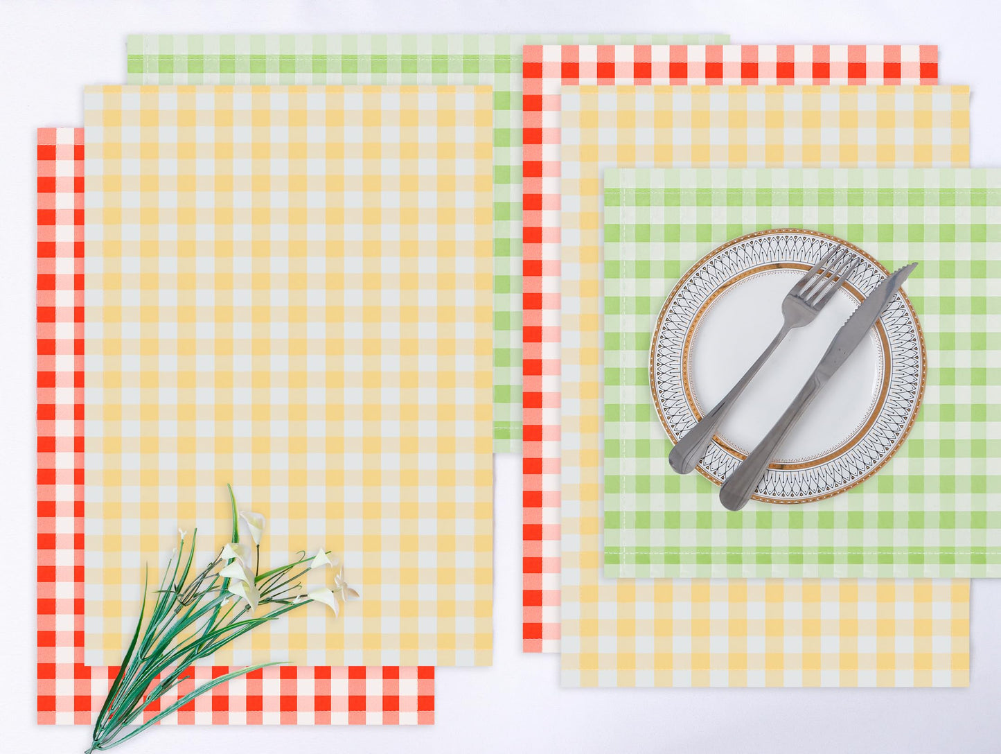 DUOBAO Plaid Checkered Placemats Set of 4 | 18x12 Inch Holiday Table Mats for Christmas, Weddings, Family Dinners | Machine-Washable Yellow Design