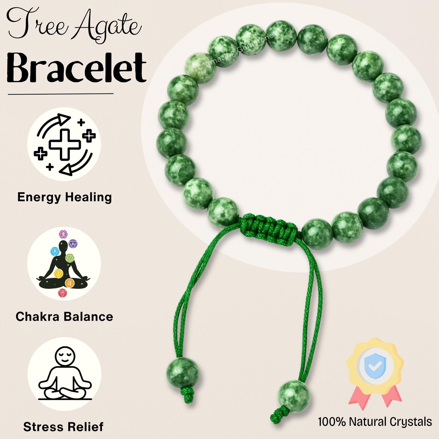 Amazing Gemstone Tree Agate Bracelet for Women Men's Gifts - Protection Healing Crystal Bracelet - 8mm Gemstone Beaded Adjustable Bracelet