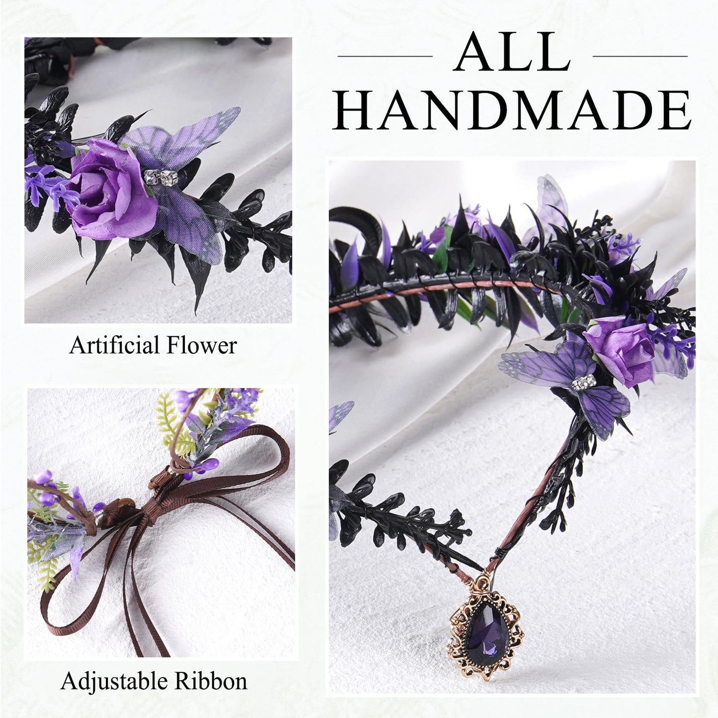 MOSTORY Gothic Butterfly Elf Crown - Dark Purple Flower Crown for Witch Accessories Women, Black Fairy Wings Circlet for Renaissance Renfaire Fantasy Cosplay Witchcore Halloween