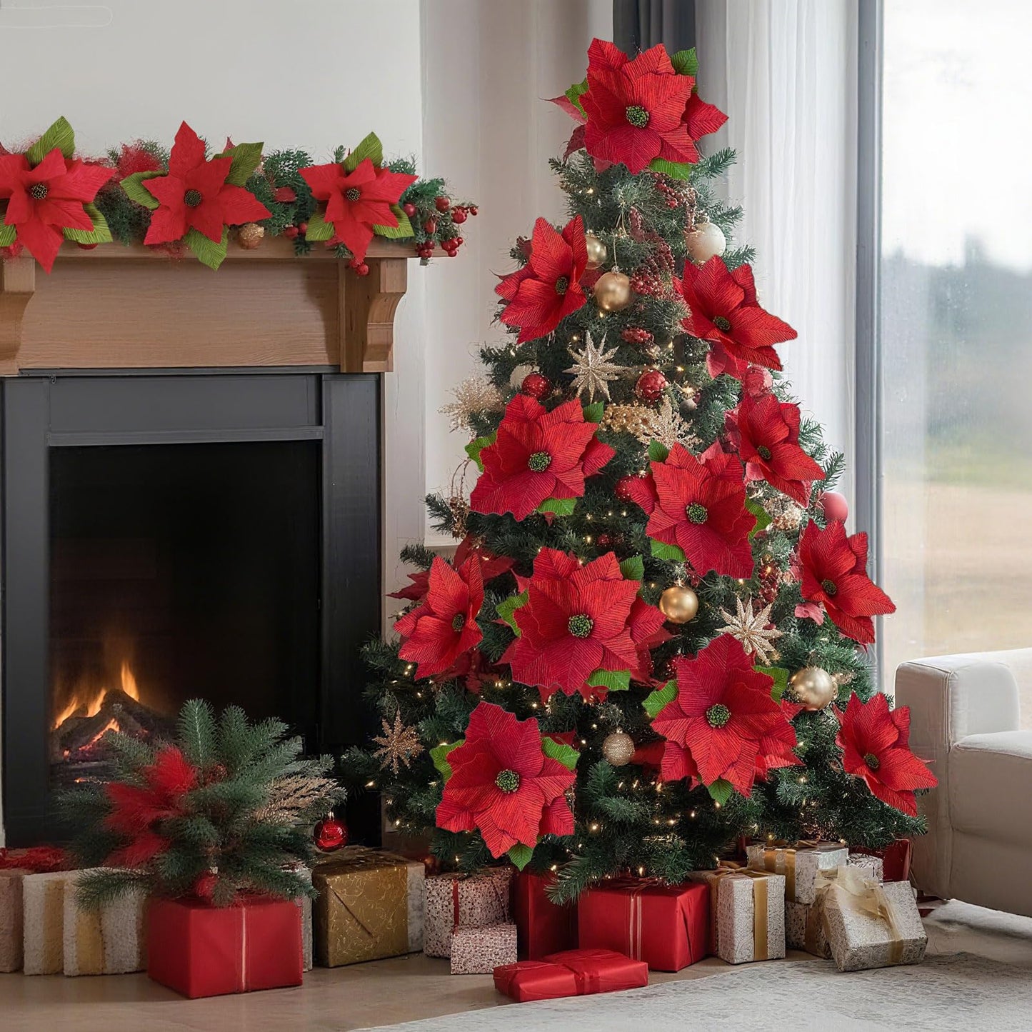 Handmade Poinsettia Christmas Flowers Decoration, Crepe Paper Poinsettia Flower with Clips Christmas Tree Artificial Flower Decorations with Stems for DIY Xmas Wreath Holiday Party Home Wall Decor