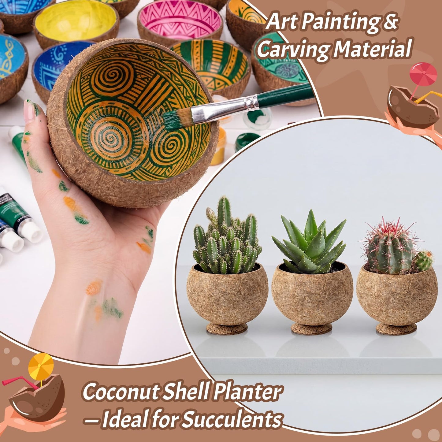 Hushee 12 Pcs Natural Coconut Shell Cups for Party Real Coconut Bowls for Hawaiian Luau Party Supplies, Tropical Tiki Decorations & Candy Buffet Favor Holders