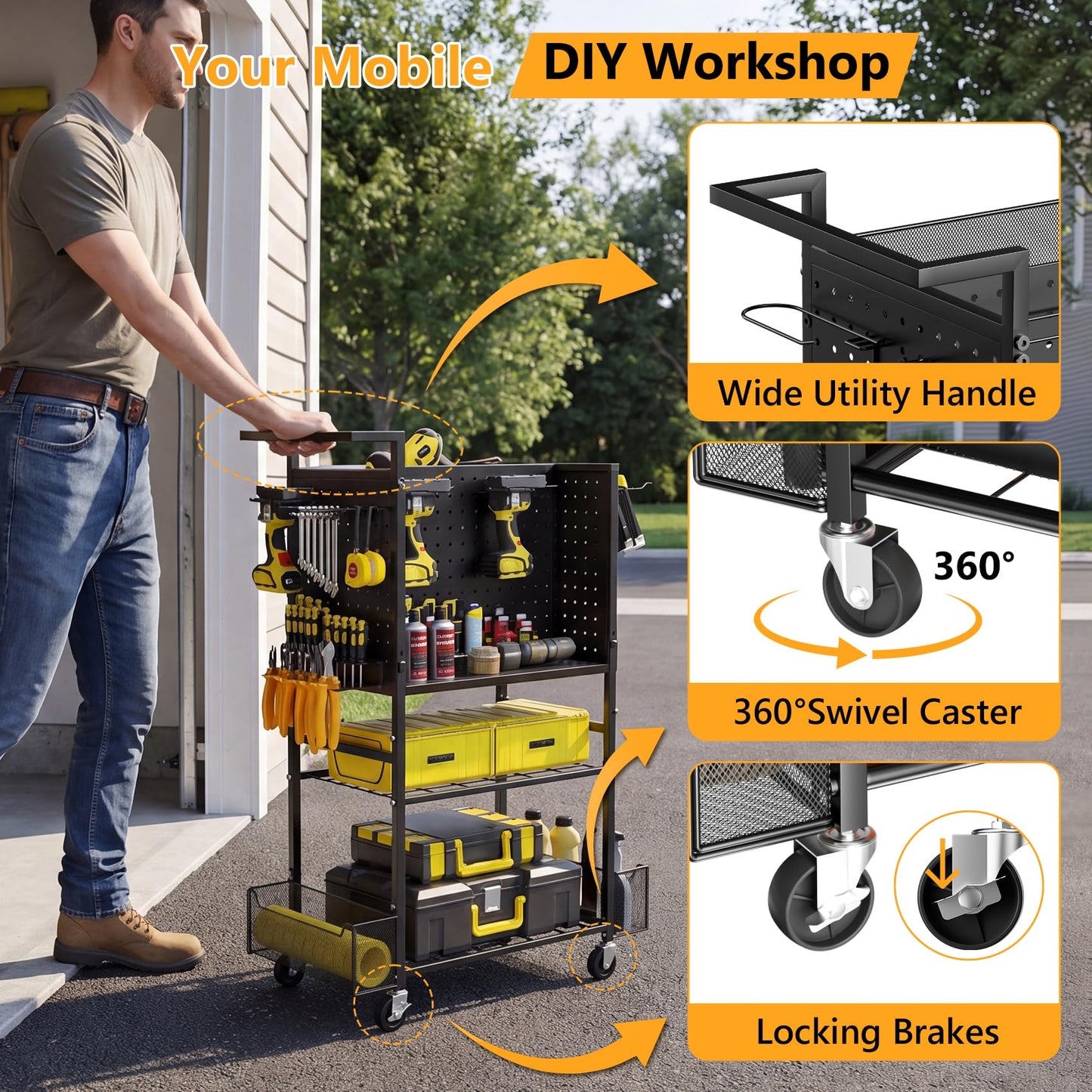 Tool Cart on Wheels, 4-Tier Metal Rolling Utility Cart with Pegboard & Storage Baskets, 242.5 lbs Heavy Duty Tool Storage Organizer for Garage, Workshop and DIY Projects