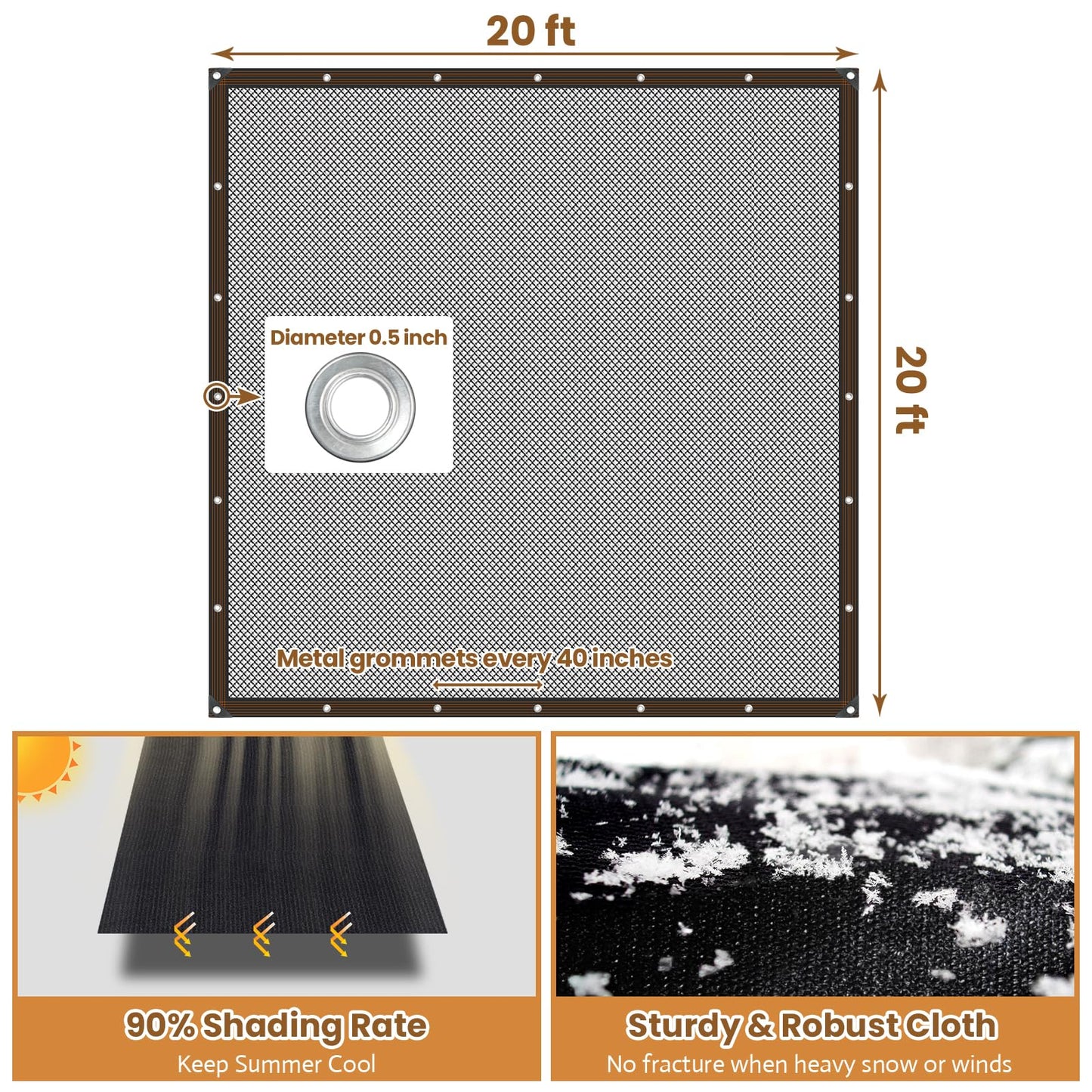 Riare 90% Black Shade Cloth- 20 x 20 FT Sunblock Garden Shade Cloth, Sun Shade Mesh Tarp with Reinforced Grommets for Greenhouse, Garden, Patio, Backyard, Plants, Pergola, Chicken Coop