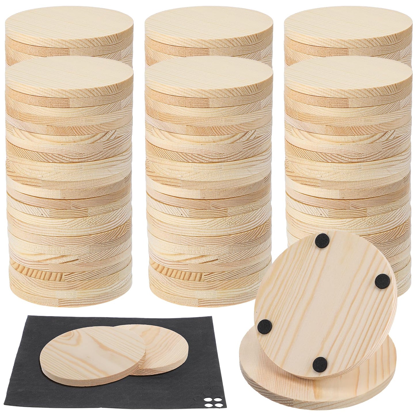 HJZHII 100 Pcs Unfinished Wood Coasters, 4 Inch Blank Wooden Coaster with Non Slip Foam Pad for DIY Stained Drawing Painting Wood Crafts Engraving Home Decoration Supplies(Round)