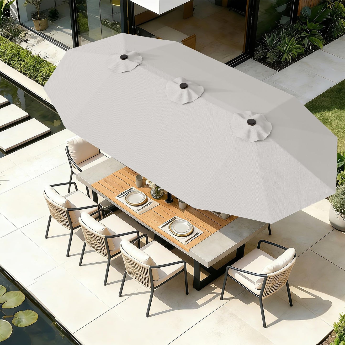 AreShark 15FT Outdoor Patio Umbrella with Crank, Large Rectangular Market Umbrella, Double-Sided Outdoor Umbrellas with Cross Base & Sandbag for Porch, Lawn, Pool, Backyard, Light Gray