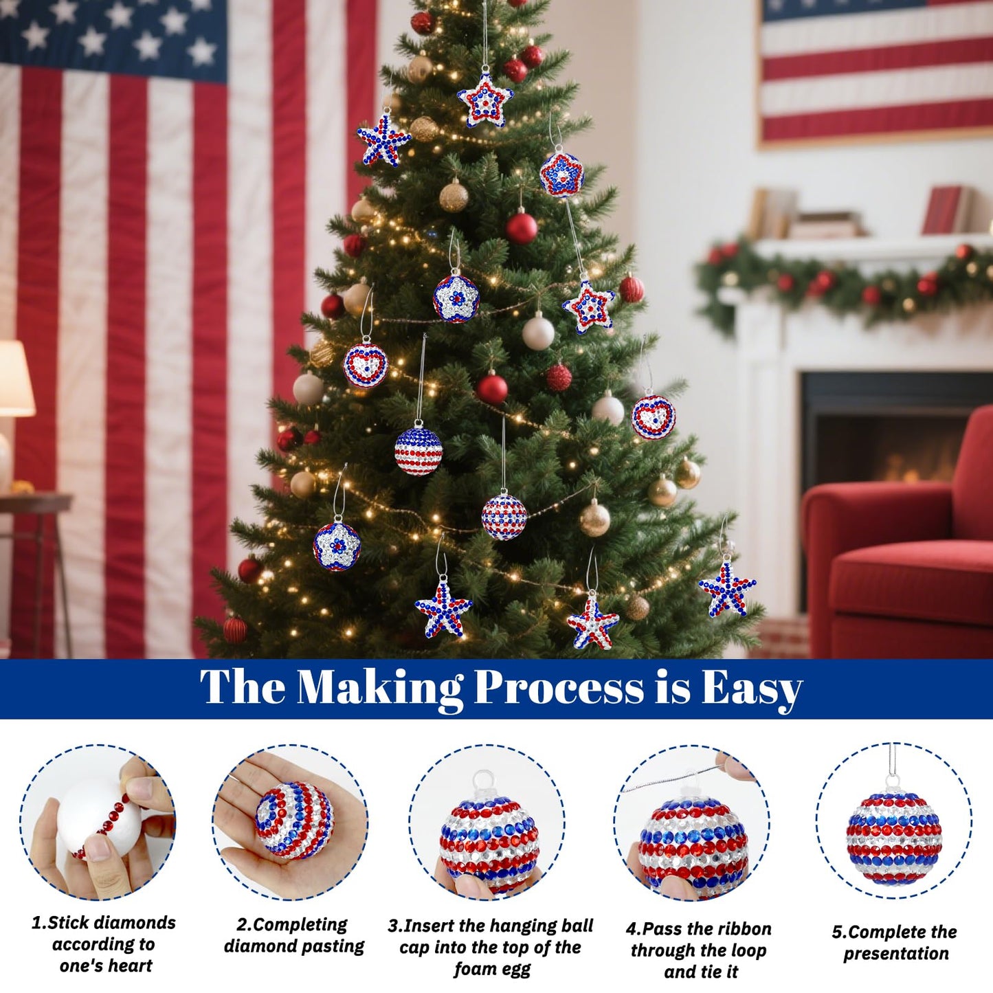 18 Set 4th of July Crafts Activities Kits Patriotic DIY Glitter Foam Star Ball Ornaments Independence Day Decorations Red White Blue Gem Stickers Memorial Day Art Set for Party Supplies Favor