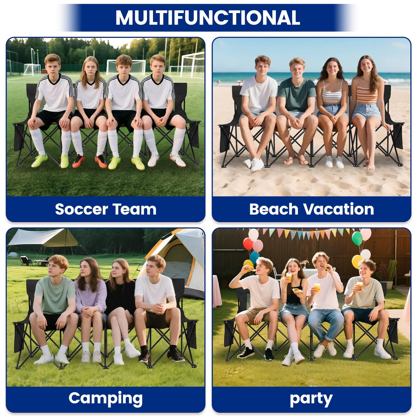 Permade Soccer Bench- Folding Team Bench Soccer 4 Seats, Portable Sideline Sports Benches with Mesh Seat and Back with Bag, Foldable Breathable Chairs for Sports Football Camp Events (Black
