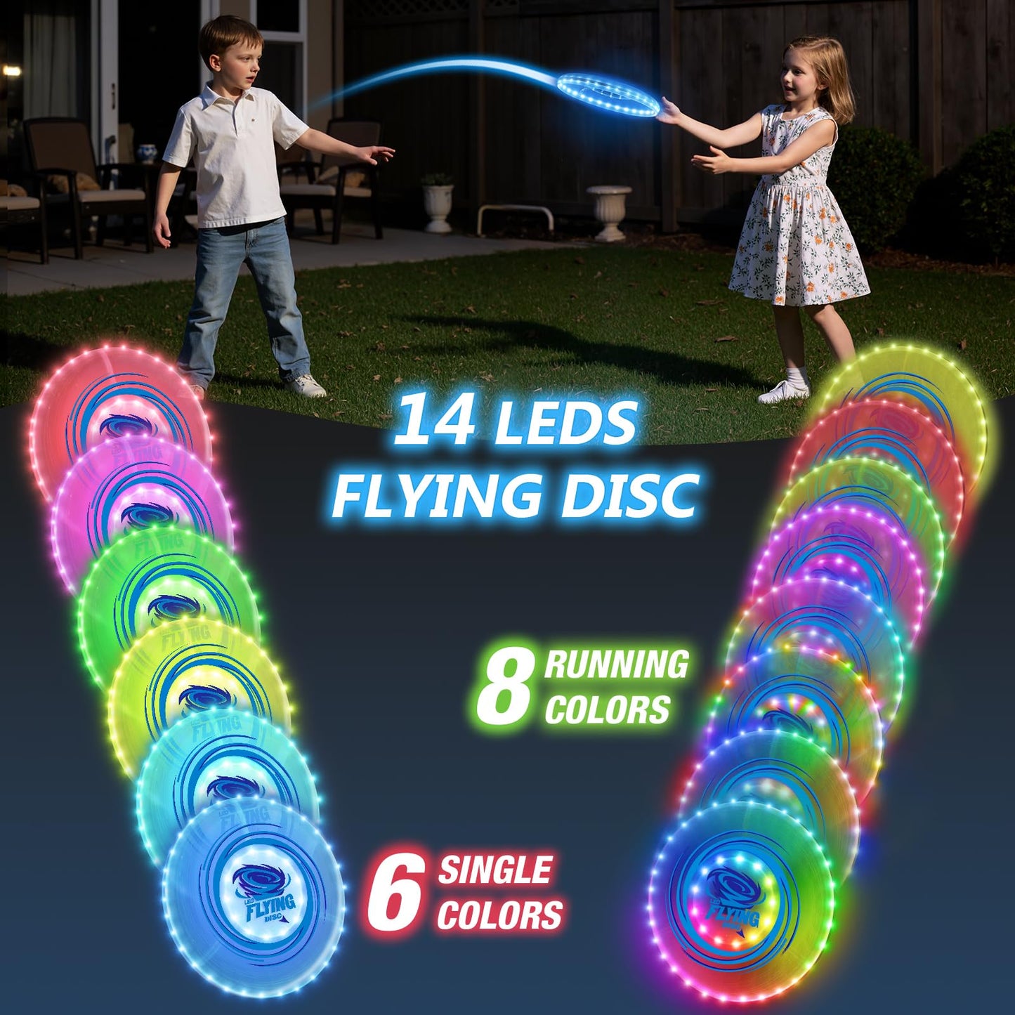 HYES 2 Pack Light up Flying Discs for Kids, 45 LEDs, 14 Lighting Modes, Rechargeable Glow in The Dark Flying Ring for Beach, Camping, Outdoor Game, Sport Toys for Teens Boys Adult