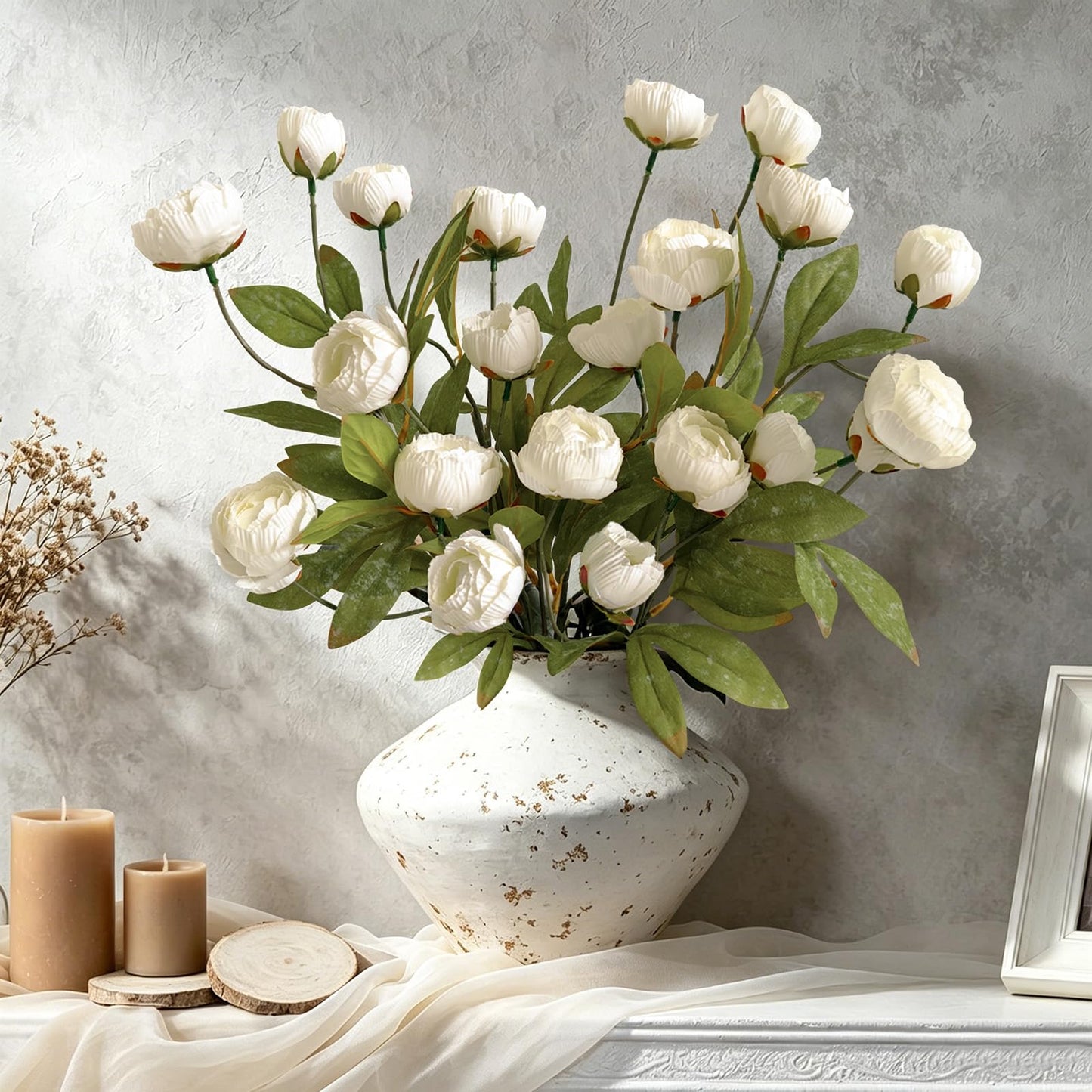 Cherica 6Pcs Viral Peony Artificial Flowers for Vase，27in Real Touch Fake Flowers Branches with Flexible Wired Stems for Home Decor DIY Bouquet Centerpieces Wedding Shower Fillers Arrangements,White