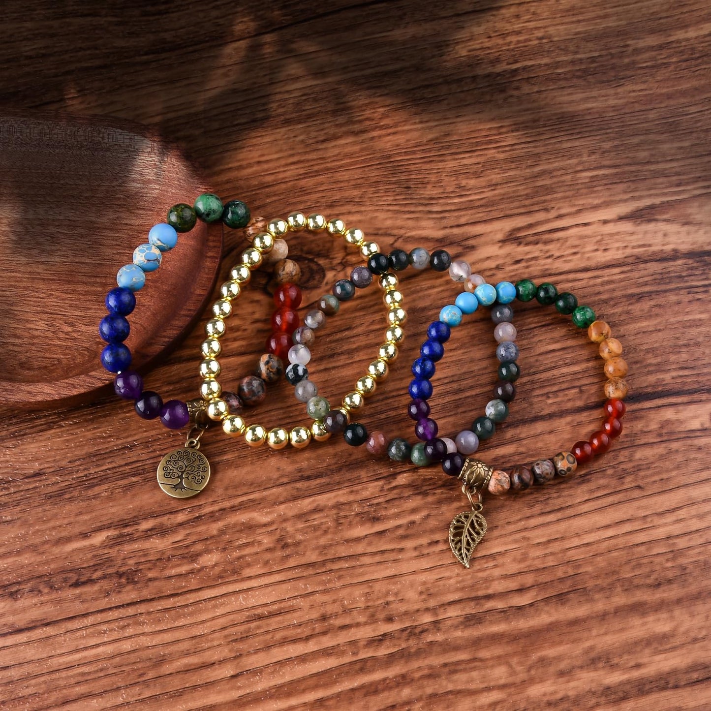 JTK Design Natural Semi Precious Gemstone beads bracelet for women Seven Chakra Healing Crystal Stretch Stackable Bracelets with Yoga Charms 4in1 set