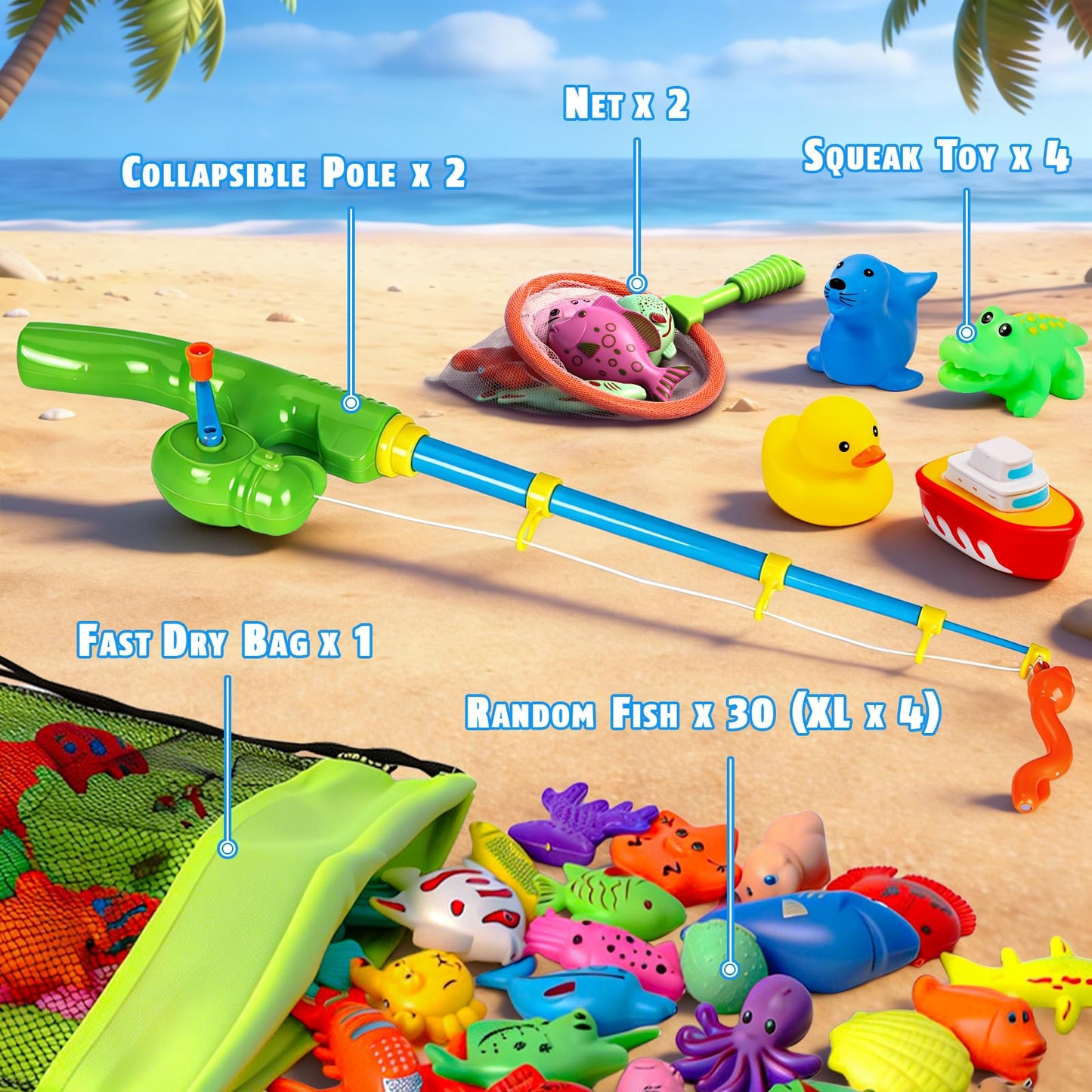 CozyBomB™ Magnetic Fishing Toys Game Set for Kids | Water Table Bathtub Kiddie Pool Party Pole Rod Net, Outdoor Plastic Floating Fish, Toddler Bath Color Ocean Sea Animals Birthday Gift Age 3-5 6 4-8