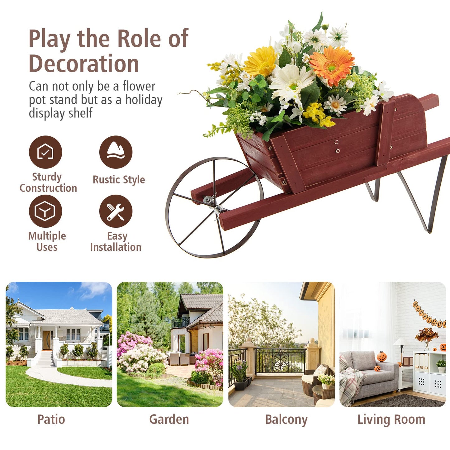CHEFJOY Wooden Wagon Planter, 27.5"x10.5"x11.5" Wheelbarrow Cart Plant Pot with Halloween Decoration & Metal Supports, Single Wheel Movable Garden Flower Cart Planter for Yard, Backyard (Red)