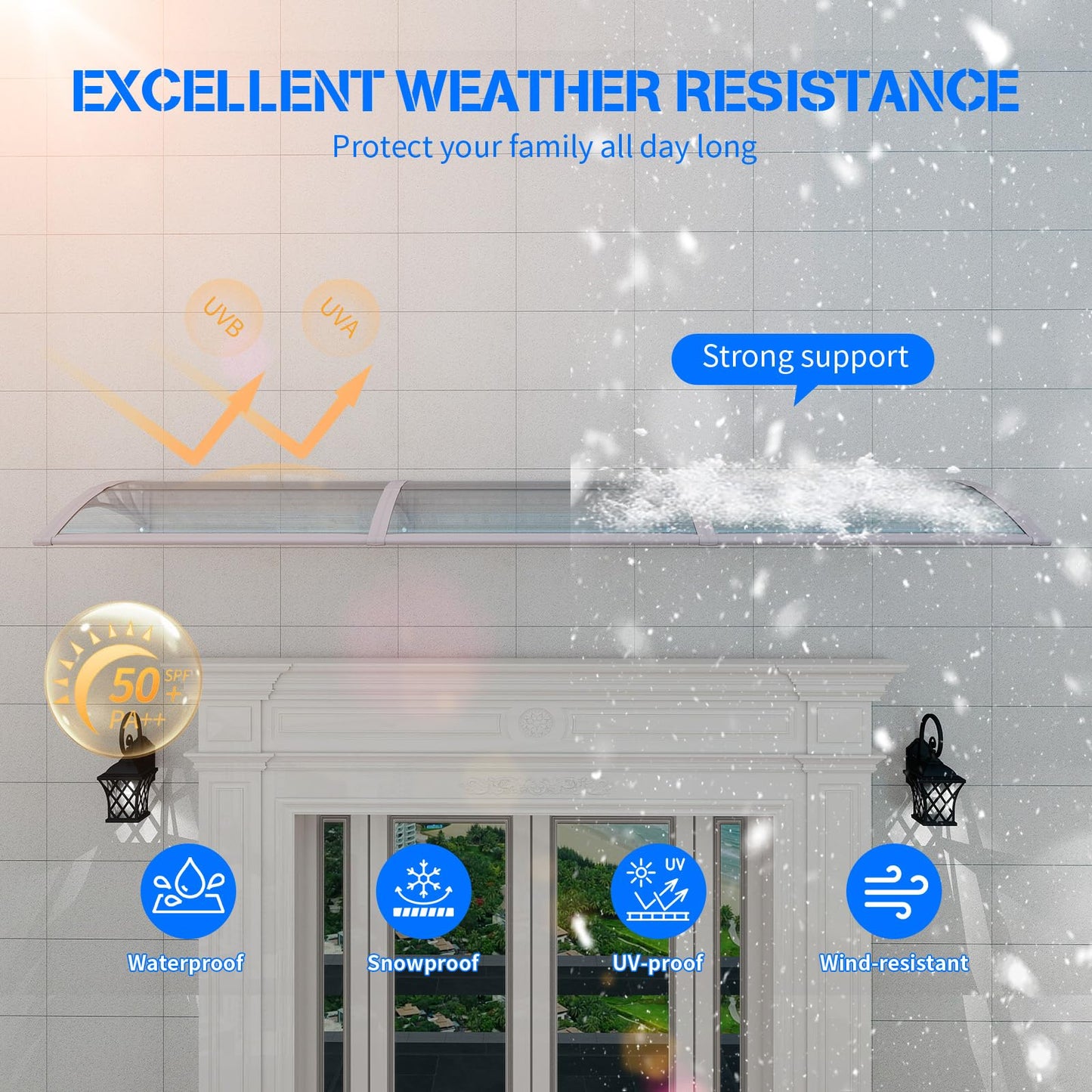 Awning for Door Entrance,32X120 Inches Awnings for Doors,Window Awning Canopy Exterior with Plastic Steel Bracket,Polycarbonate Cover,UV,Rain,Snow Protection for Porch,Patio,Deck