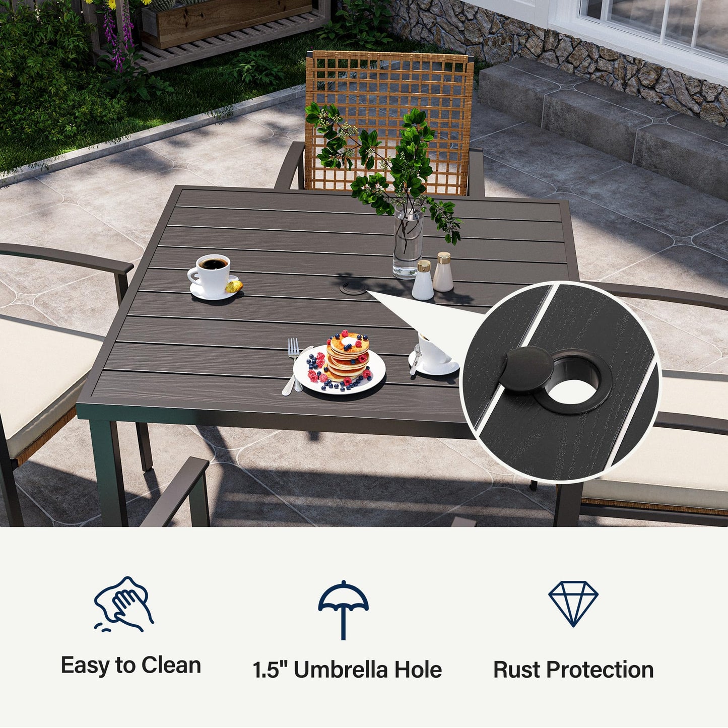 EO Living 5 Pieces Patio Dining Set, Outdoor Furniture Set of 6 Chairs with Soft Cushion and Rectangular Table with Umbrella Hole,Outdoor Dining Set for Backyard, Garden and Poolside