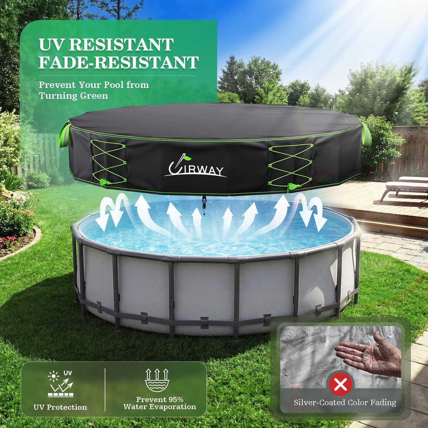 Uirway 600D Upgraded 16ft Pool Covers for Above Ground Pools, Solar Pool Cover with Windproof Reflective Lace-Up Drawstring, Weather-Resistant Pool Covers UV Protection, with Anti-Slip Straps