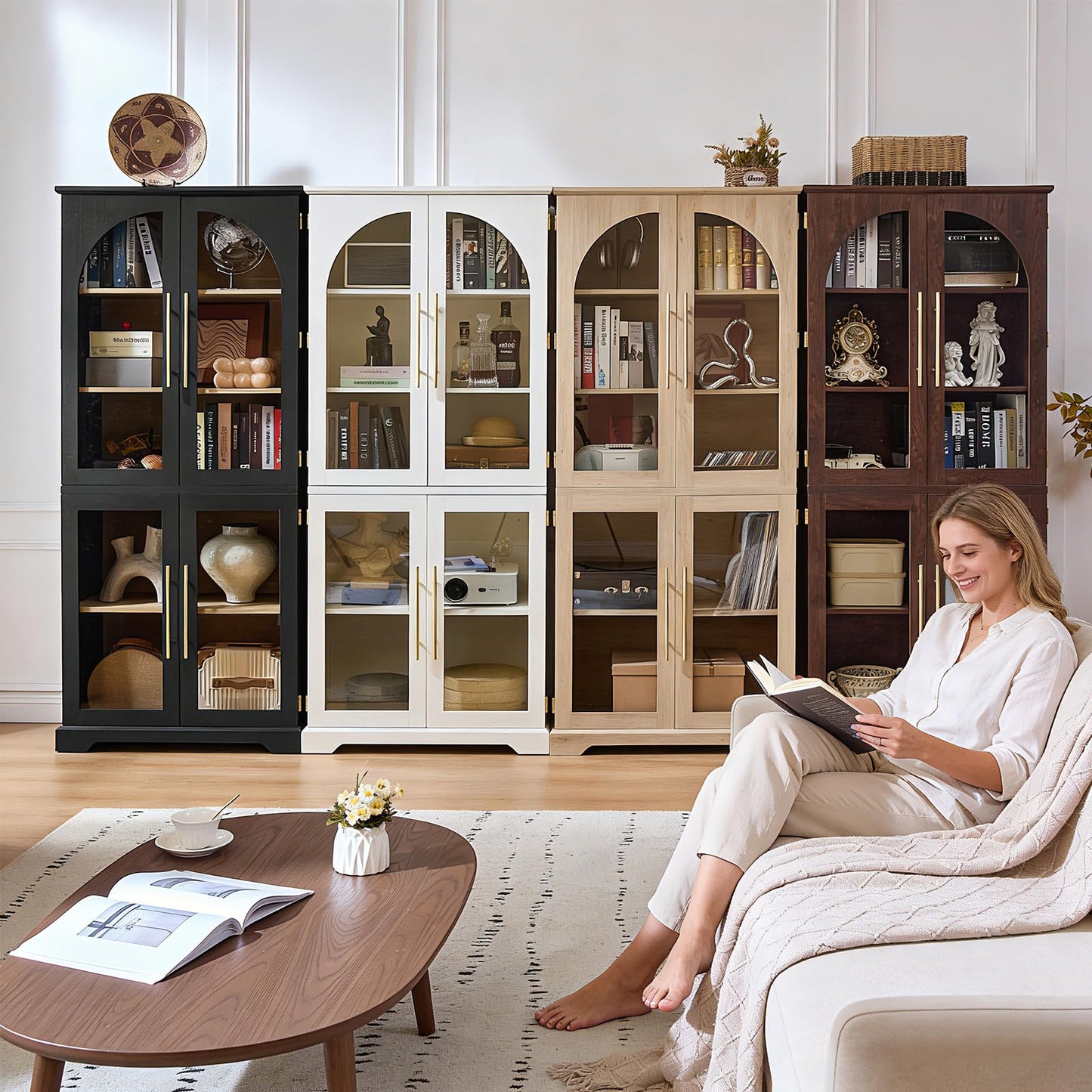 Joaxswe 72" Tall Bookshelf with 4 Curved Glass Doors, Farmhouse Bookcase with 3-Tier Adjustable Shelves, Modern Living Room Display Cabinet, Large Storage Cabinet for Home Office,Dining Room, Walnut