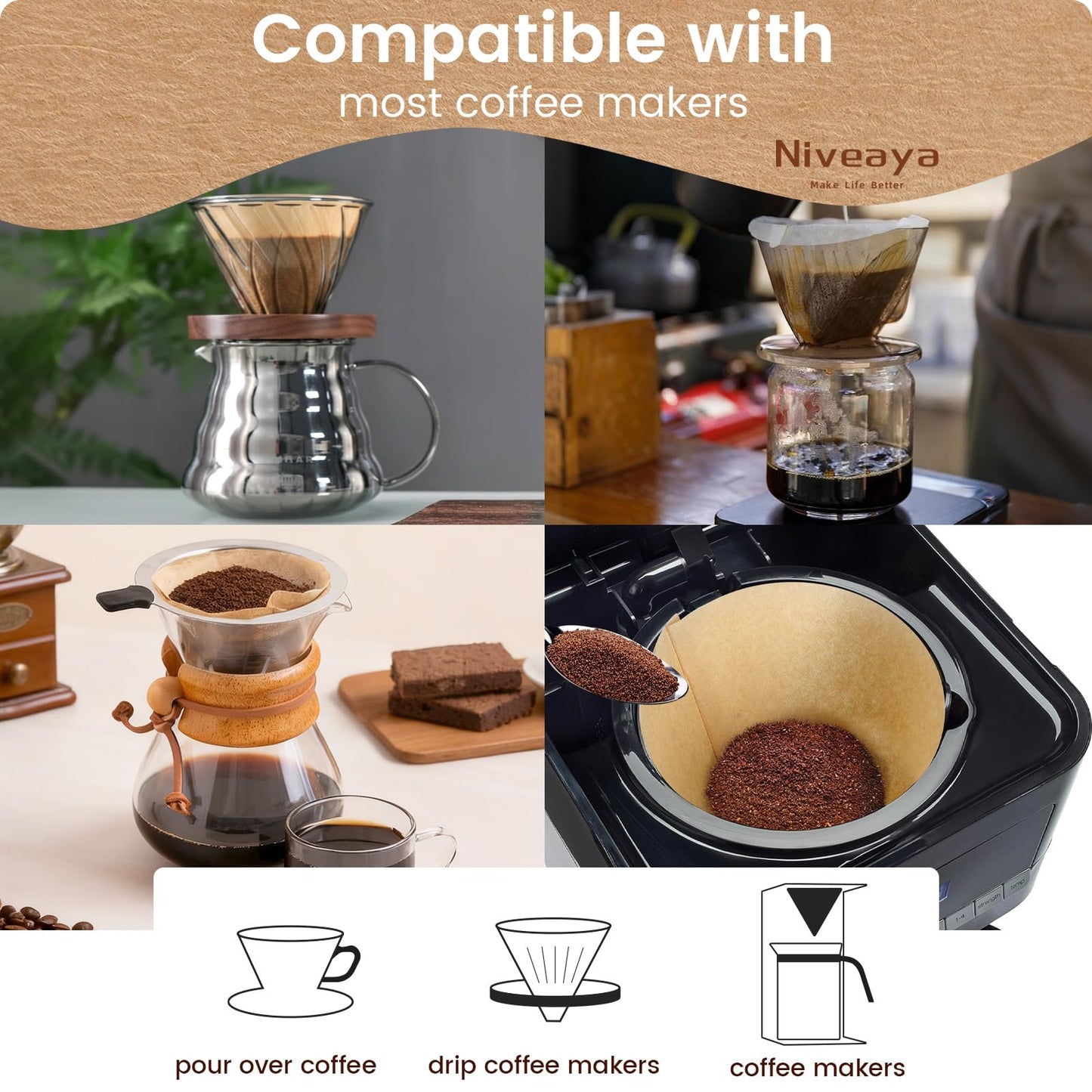 Niveaya Coffee Filters 600 Count, Coffee Filter #4 Cone, Natural Paper Coffee Filter 8-12Cup (natural brown-600pcs, 04)