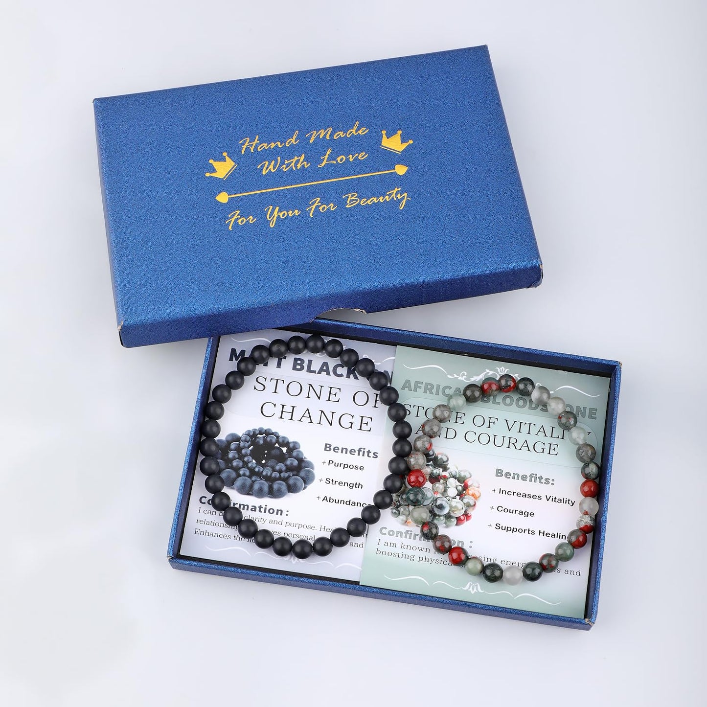 NCB 2-Piece 6mm Natural Crystal Gemstone Stretch Bracelets – ﻿African Bloodstone, Matte Black Agate Handmade Reiki Energy Healing Jewelry for Meditation,Yoga, Unisex