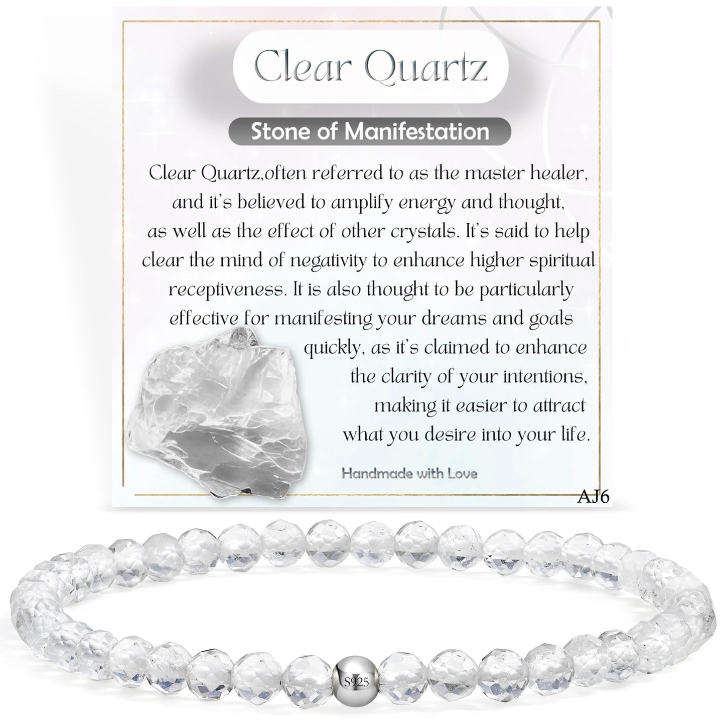 Farfume Clear Quartz - Manifestation - Beaded Bracelets for Women,Handmade Natural Stone 4mm Beads 925 Sterling Silver Stretch Bracelets, Chakra Gemstone Jewelry Gifts for Mom