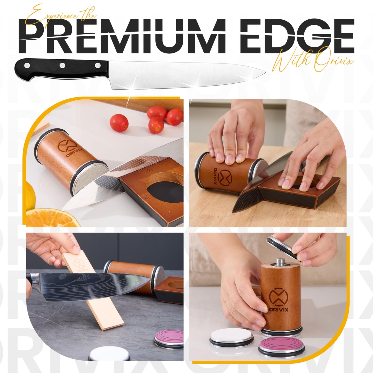 Orivix Rolling Knife Sharpener Kit – Magnetic 4-Angle Base, 3.86 Inches Longer Wooden Roller, 4 Grit Discs (1000/400 Diamond & 3000 Maroon / 6000 White Ceramic) and Leather Strop