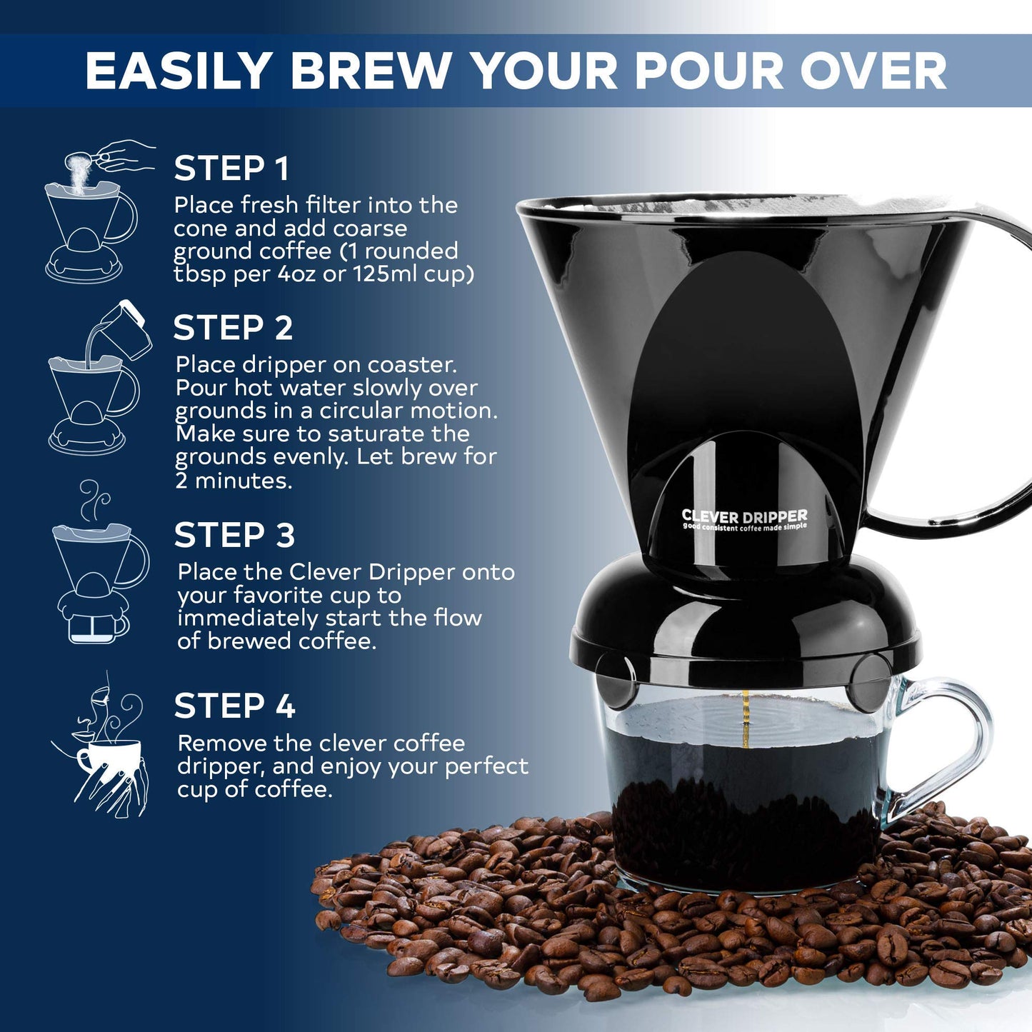 Clever Coffee Dripper and Filters, Large 18 oz (Black)| Barista's Choice| Safe BPA Free Plastic|Includes 100 Filters