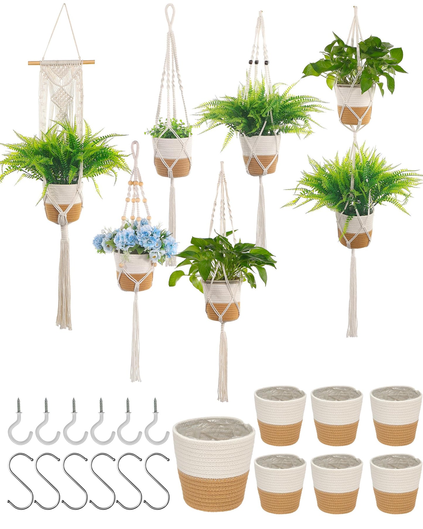 Janinka 7 Pack Hanging Planter Basket Set, Cotton Rope Macrame Woven Plant Hanger, Indoor Plant Boho Hanger Basket, Hanging Wall Plants Flower Pots with Hooks for Outdoor Home Decorations