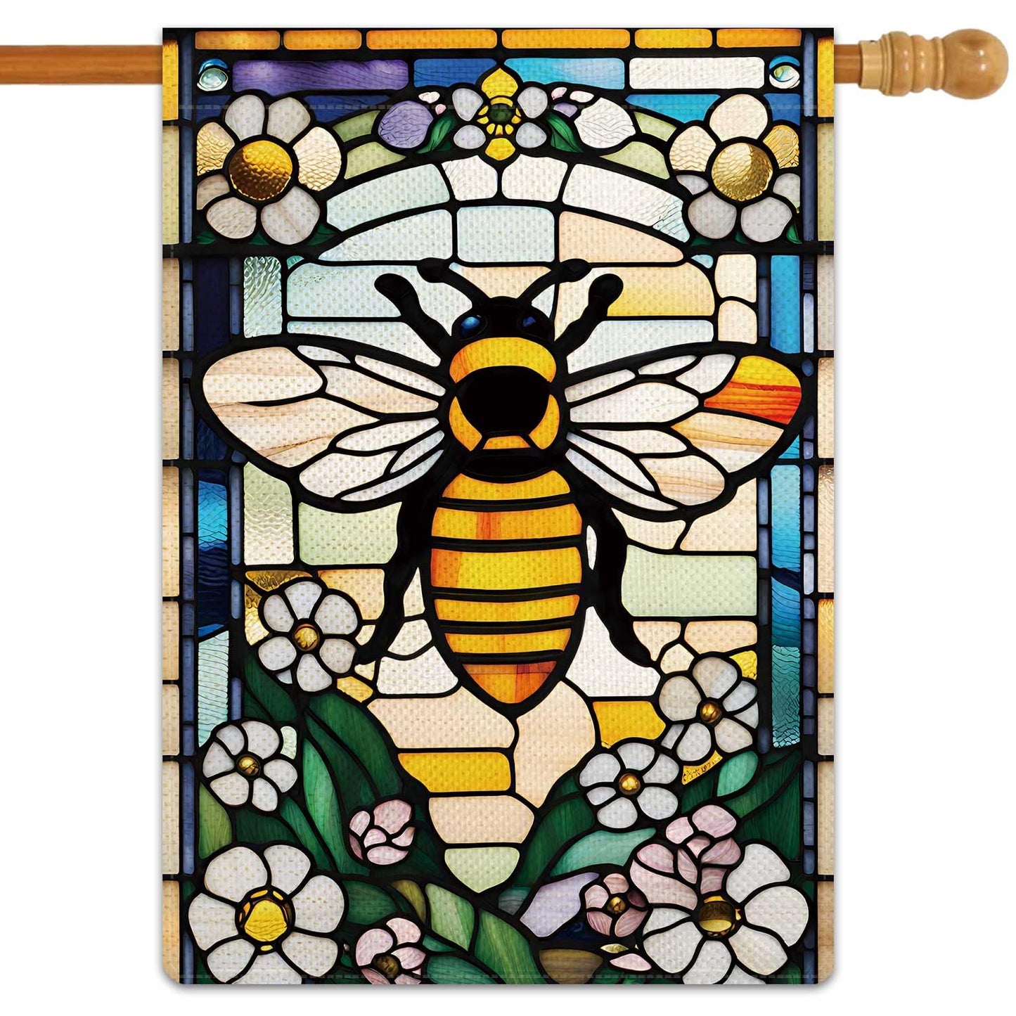 Jauageon Bee Happy Garden Flag Spring Summer Flowers Garden Flag Glass Style Vertical Double Sided Rustic Farmland Burlap Yard Lawn Outdoor Decor 28x40"