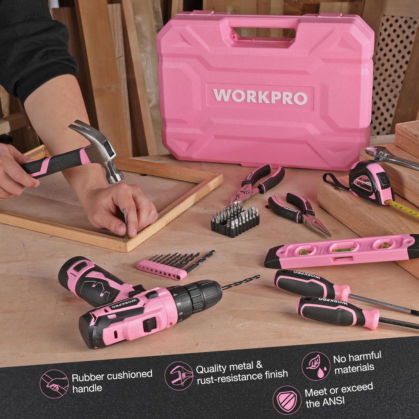 WORKPRO Pink Tool Set with Power Drill, 108PCS Portable Ladies Pink Drill Kit for Home with Toolbox and Pink Hammer, 1.5 Ah Cordless Drills with Keyless Chuck and Variable Speed Trigger - Pink Ribbon