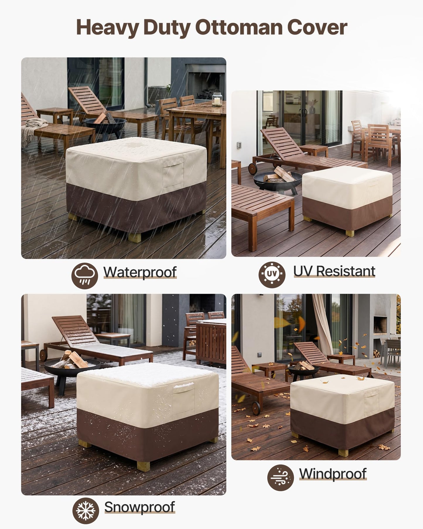 Vailge Rectangle Patio Ottoman Cover, Waterproof Outdoor Ottoman Cover with Padded Handles, Patio Side Table Cover, Heavy Duty Patio Furniture Covers (Small,Beige & Brown)