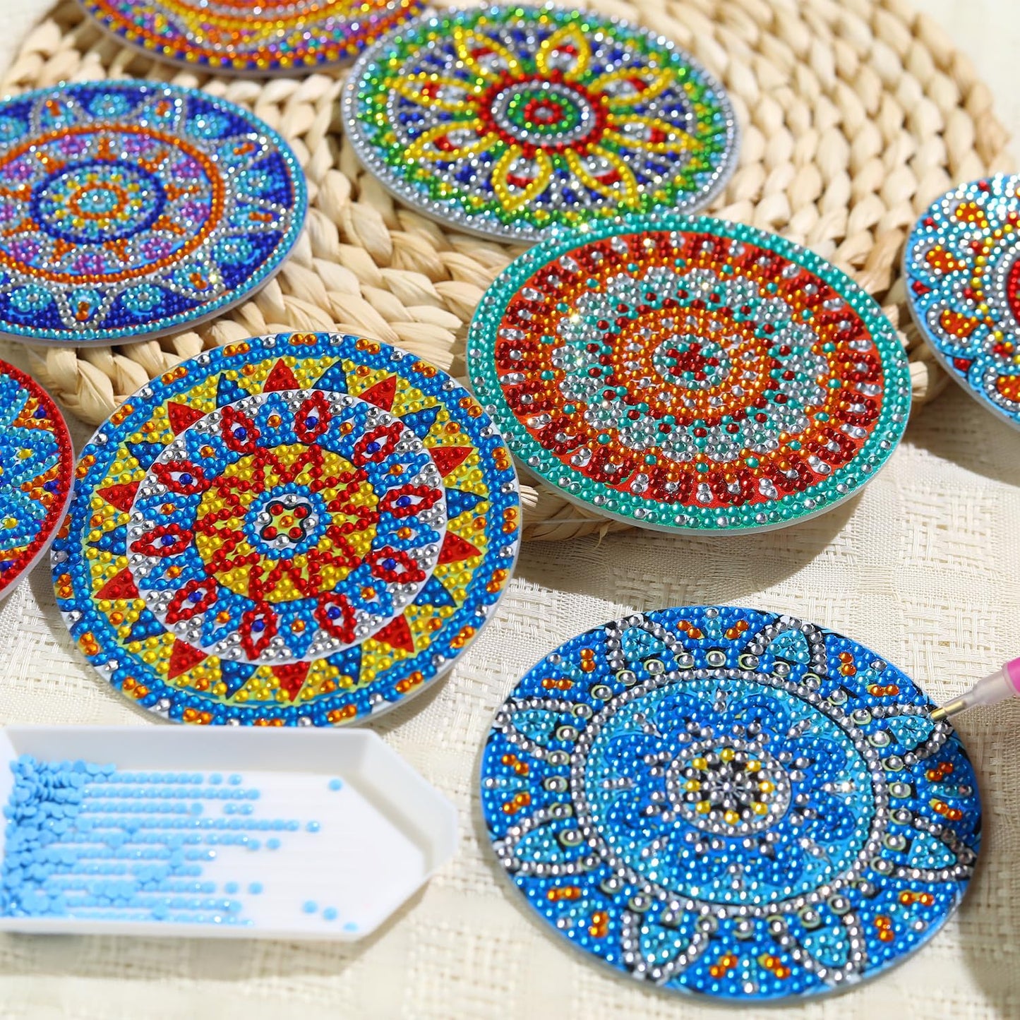 8 PCS Mandala Diamond Art Coasters Kits, Boho Diamond Painting Coasters with Holder Set of 8, DIY Drink Coasters Art Crafts Supplies for Adults Cup Mat for Home Decor House Warming Gifts 3.9inch