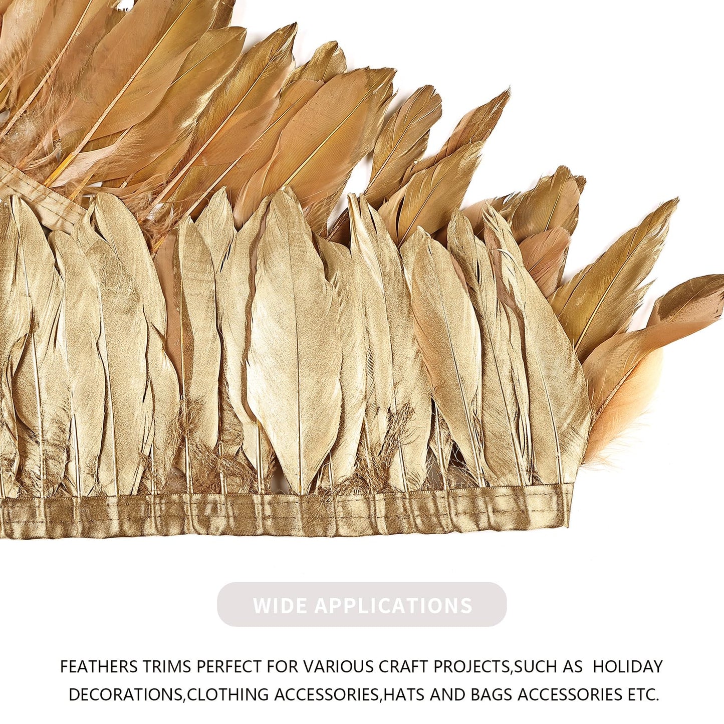 MAOFENG 2 Yards Natural Goose Feathers Trim Sewing Fringe Fashion Dress Sewing 6-8inch for DIY Handicrafts Costumes Decoration,Golden