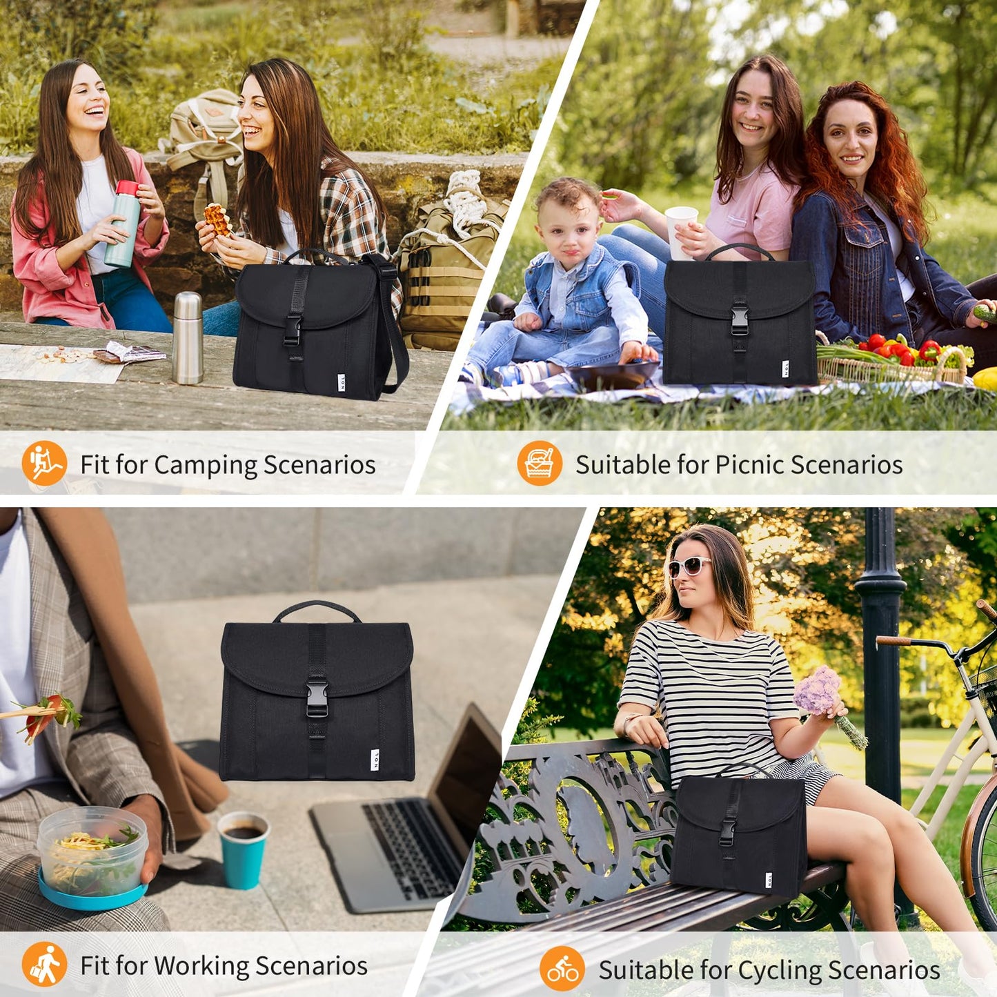 NOL Natural Organic Lifestyle Insulated Lunch Bag for Women/Men, Reusable Nylon Leakproof Lunch Cooler Box, Lunch Tote Bag With Buckle for Work Travel Picnic (Black)