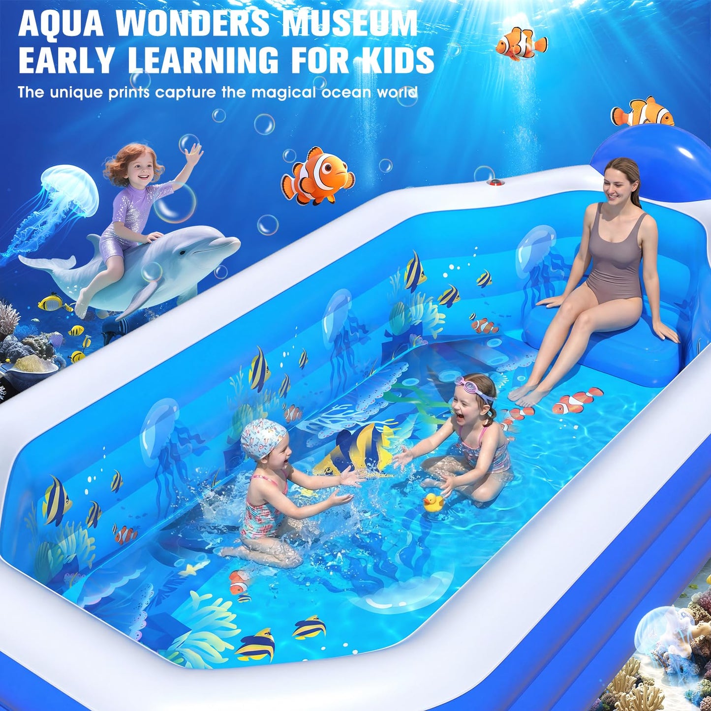 2026 Inflatable Pool with Canopy, Large Inflatable Pool for Kids,Adults, Blow Up Pools with Seats,Oversize Thickened 118"x75"x22"Inflatable Swimming Pools, Kids Pool for Backyard,Ocean Theme-Blue