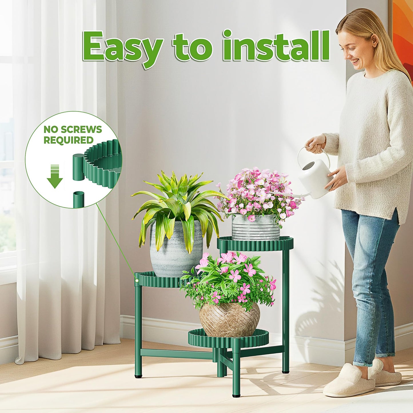 NQW Plant Stand Indoor Outdoor, 3 Tier Corner Metal Flower Display Holder Shelf, Folding Tall Plant Rack for House Patio Balcony Porch Living Room, Heavy Duty Anti-Rust Wrought Iron - GreenFloroma