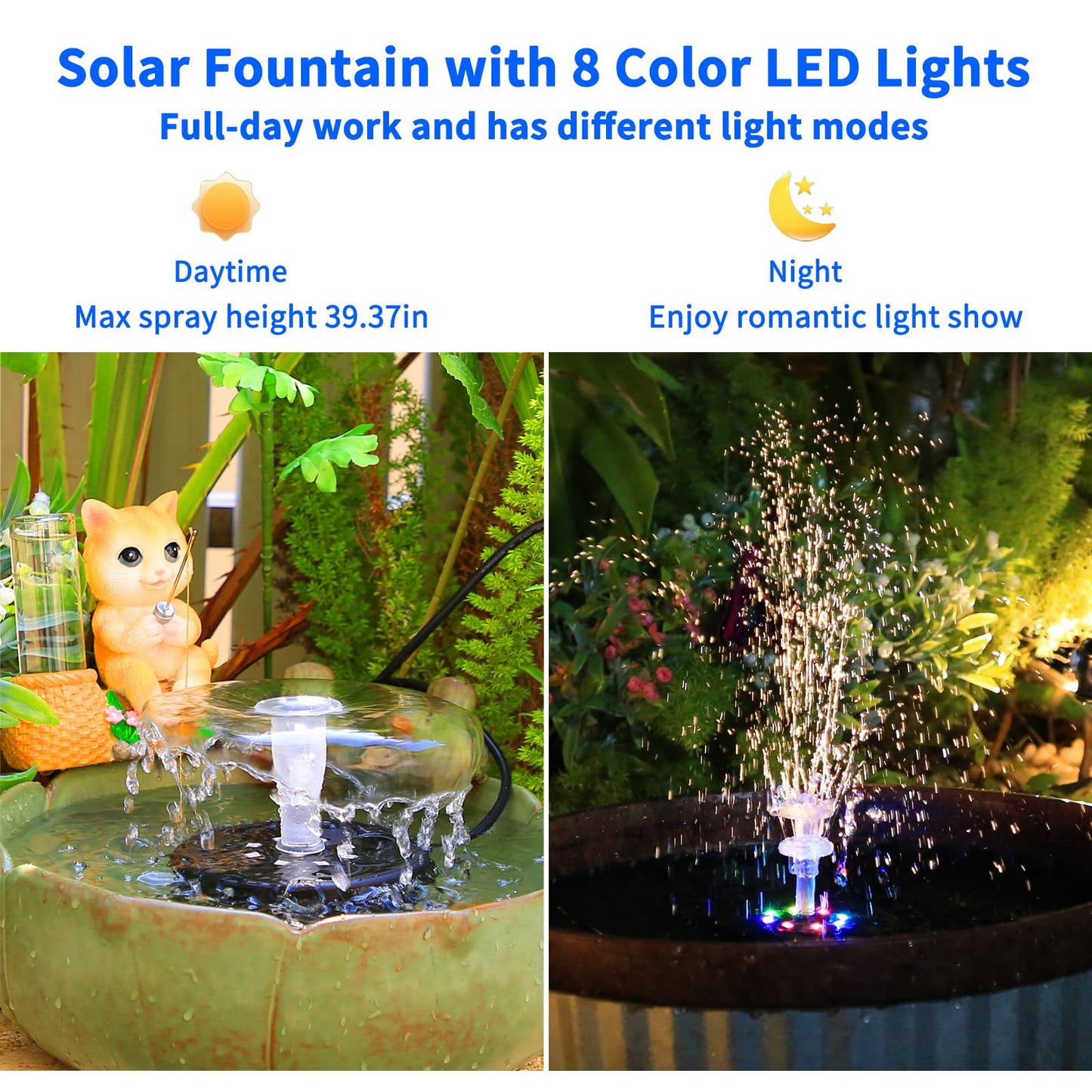 AISITIN 14W Rechargeable Solar Fountain with 4400mAh Battery, LED Colorful Lights, Remote Control & Superior Solar Glass Panels, DIY Solar Powered Water Fountain Pump for Bird Bath, Pond