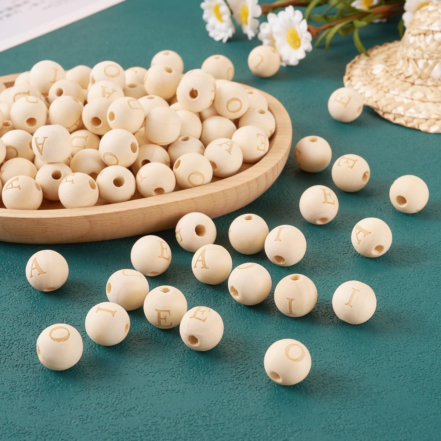 100 Pcs Letter Round Natural Wood Beads 16 mm Wood Letter Beads Unfinished Wooden European Large Hole Beads Garland Macrame Loose Spacer Beads for DIY Craft Bracelet Jewelry Making