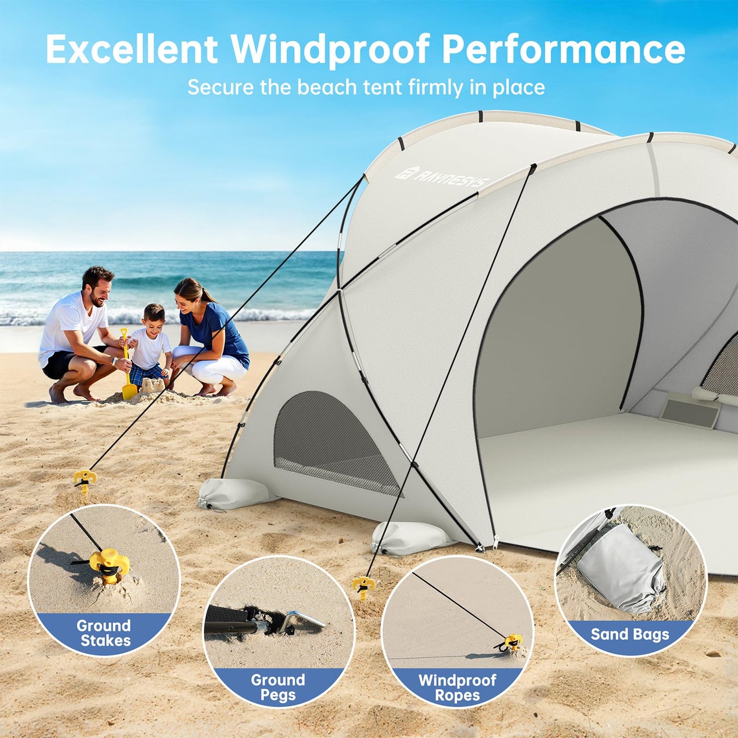 Raynesys Beach Tent Sun Shelter, Beach Shade Tent with UPF50+ UV Protection, Sun Shelter for 1-3 Person, Beaches Shade with 2 Zippered Doors, Portable Tents for Camping Fishing, Beige