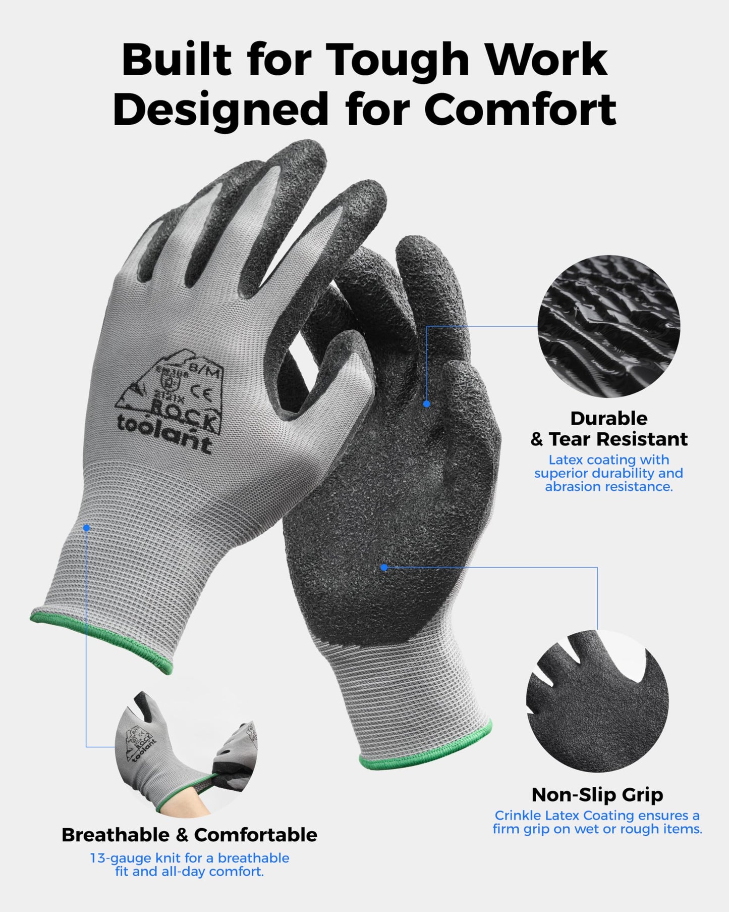 toolant Crinkle Latex Work Gloves Bulk, Rubber Coated Safety Work Gloves for Men and Women, 12 Pairs for Construction, Gardening, Warehouse (Black, Medium)