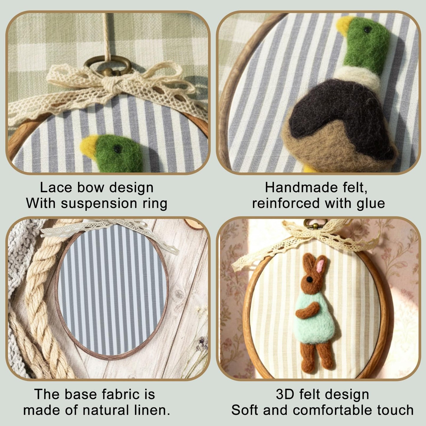 Soulchen 3 Pcs 5 x 6 Inch Felted Nursery Wall Decor with Bear Rabbit Mallard Cute Animal Wall Art Decorative Artwork for Nursery Bathroom Living Room Baby Room Bedroom Farmhouse Decoration