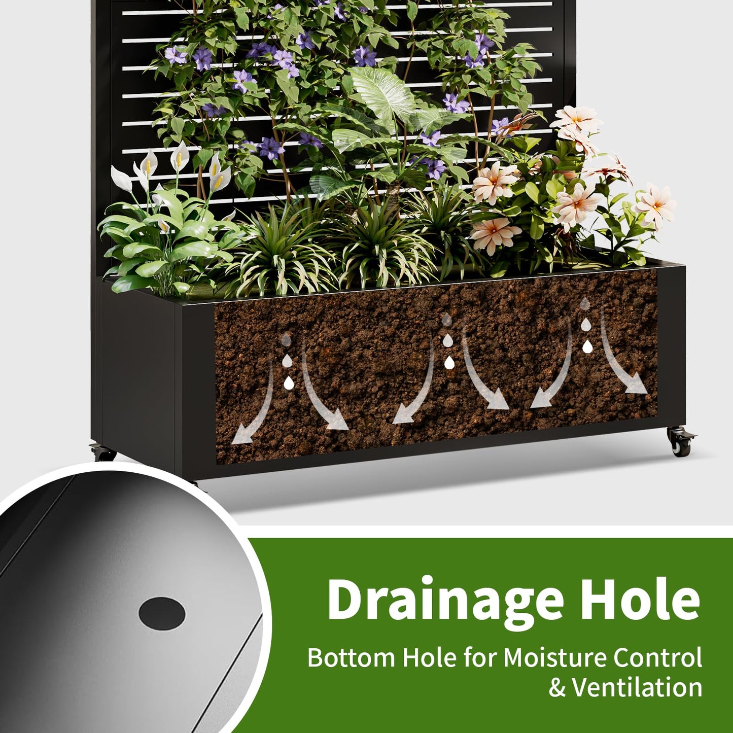 Metal Planter Box with Trellis and Wheels, 73"x35"x16" Galvanized Steel Raised Garden Bed with Drainage Holes and Privacy Screen Function for Climbing Plants, Vegetables, Flowers, and Vines–Black
